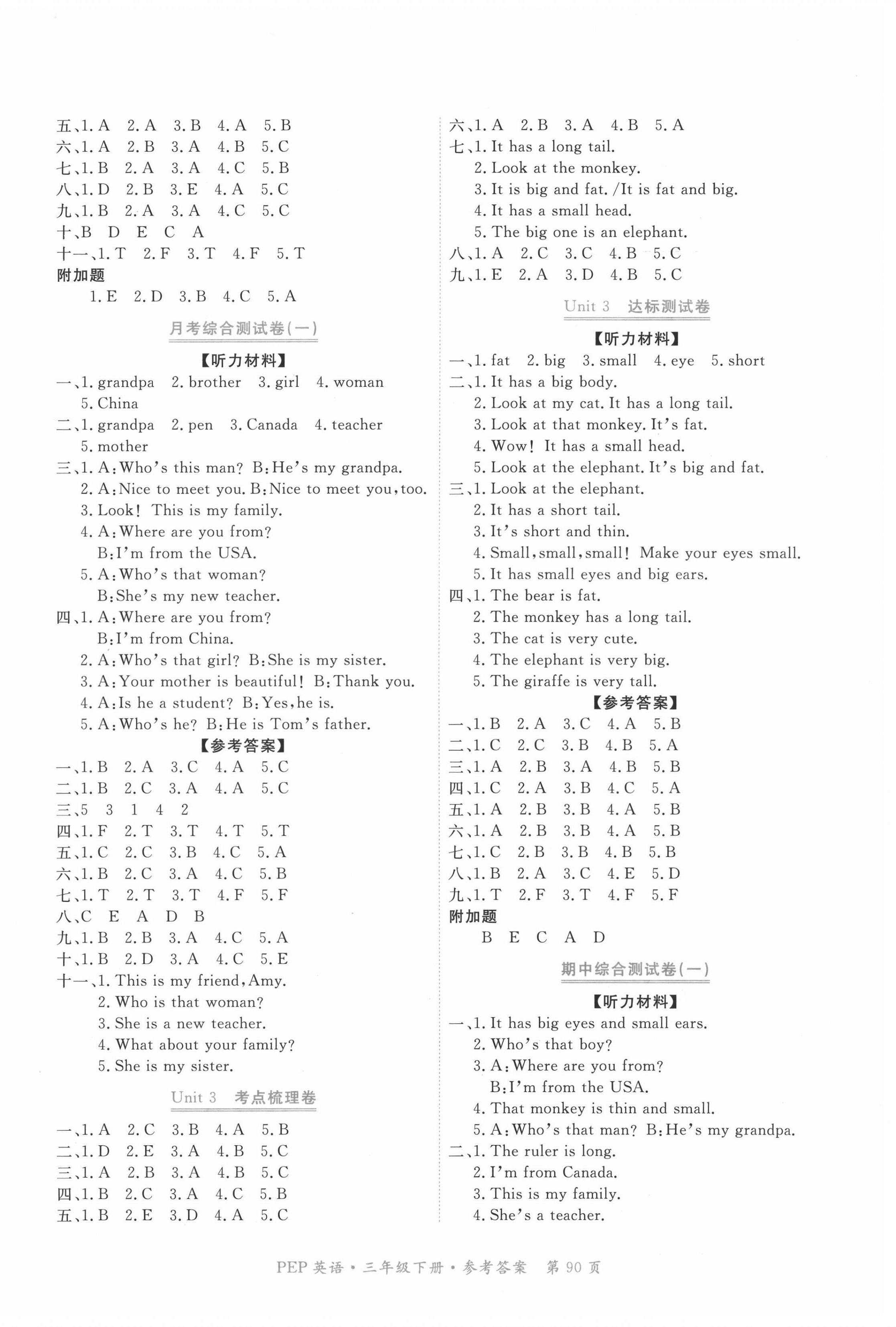 2021年贏在100單元測評卷三年級英語下冊人教PEP版 參考答案第2頁