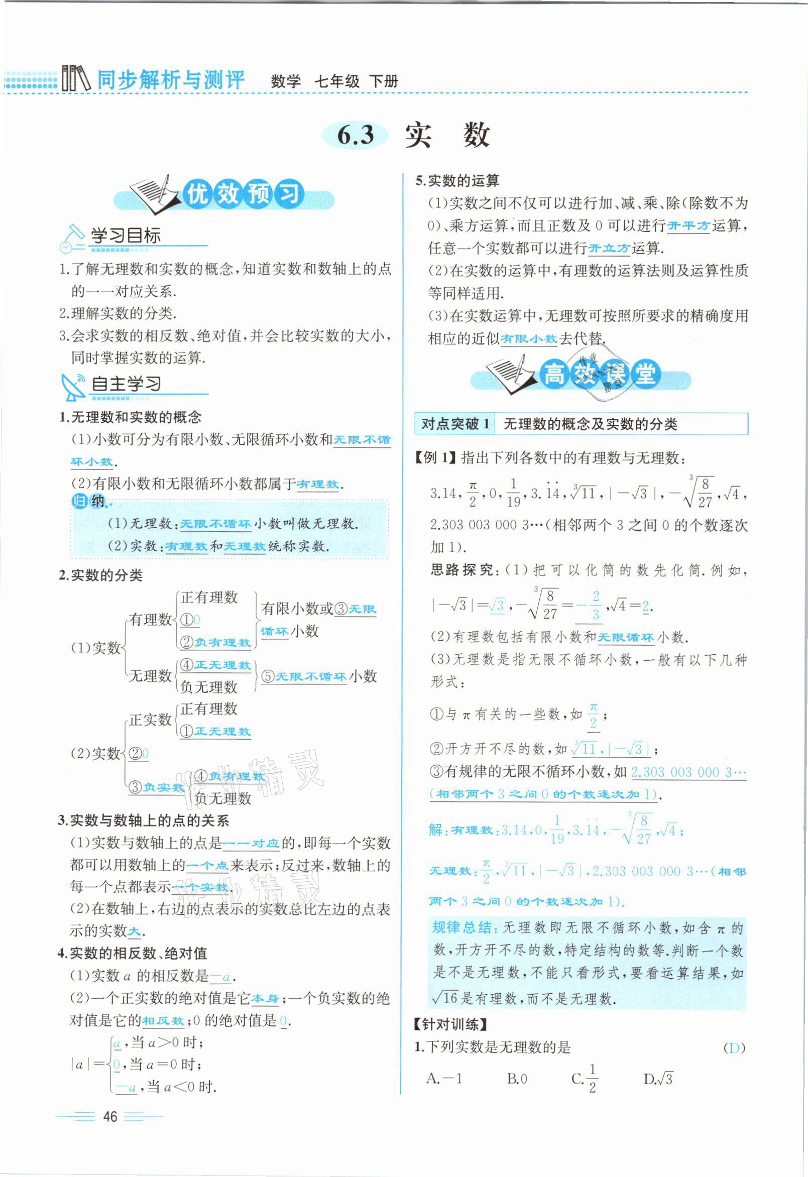 2021年人教金学典同步解析与测评七年级数学下册人教版云南专版 参考答案第46页