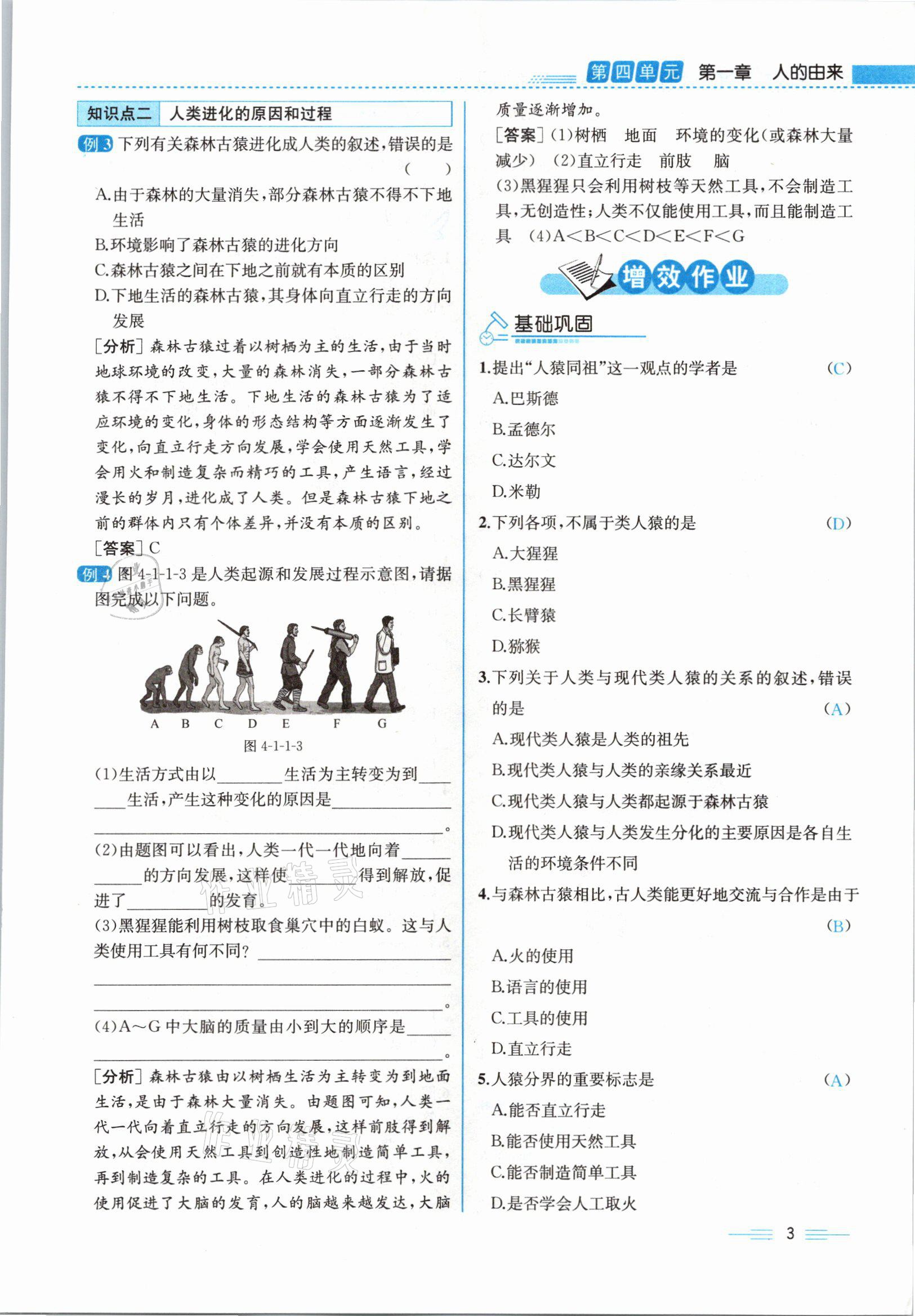 2021年人教金学典同步解析与测评七年级生物下册人教版云南专版 参考答案第16页