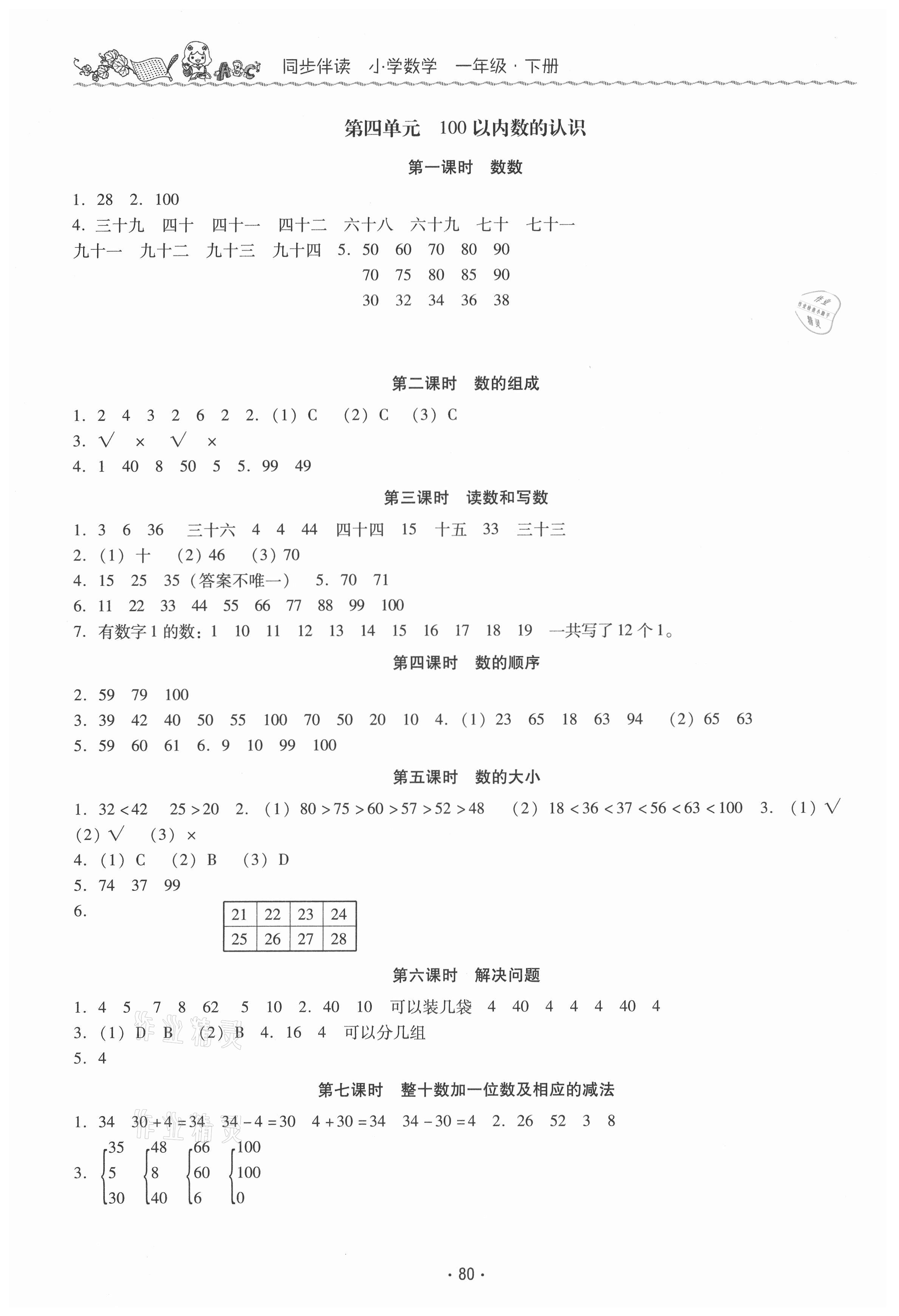 2021年同步伴讀一年級數(shù)學(xué)下冊人教版 參考答案第3頁