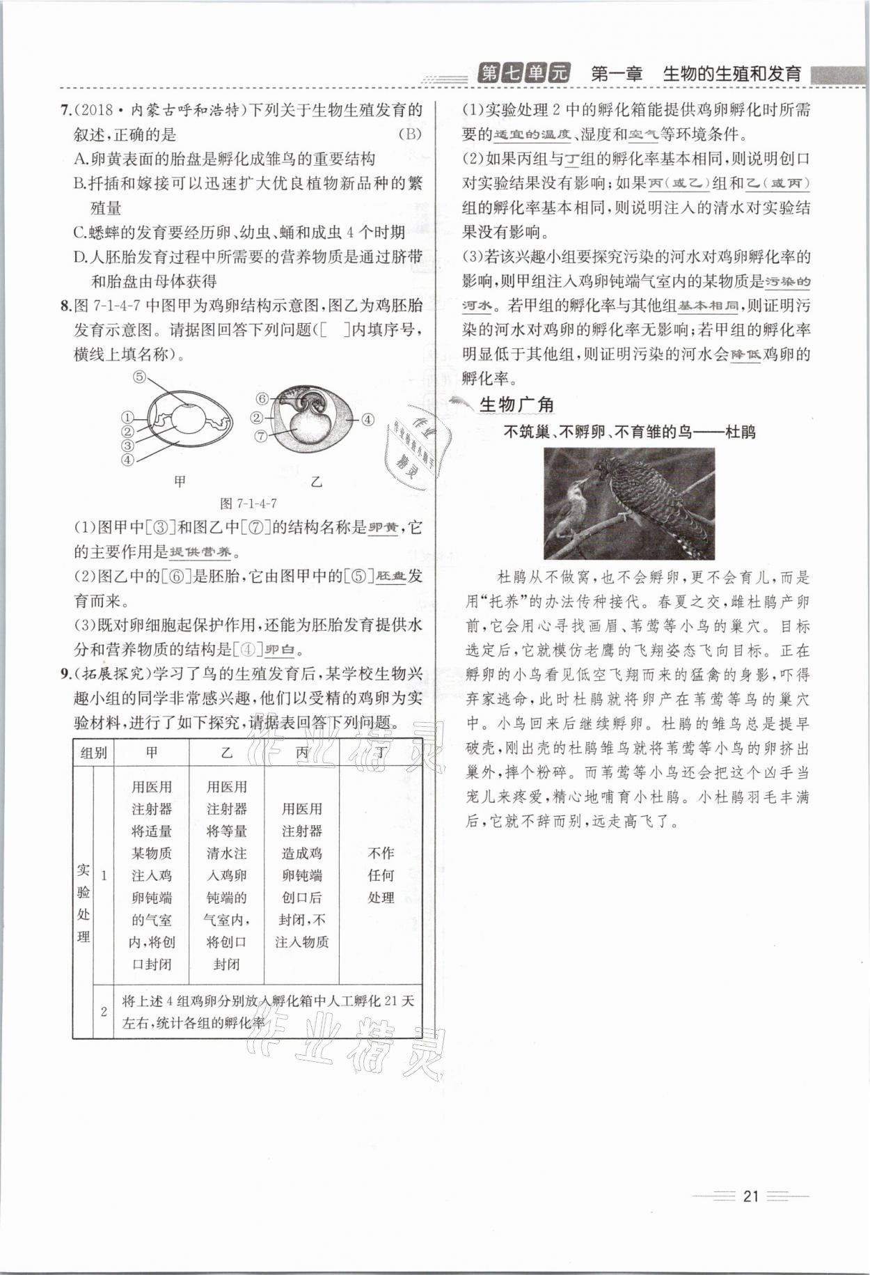 2021年人教金學典同步解析與測評八年級生物下冊人教版云南專版 參考答案第45頁