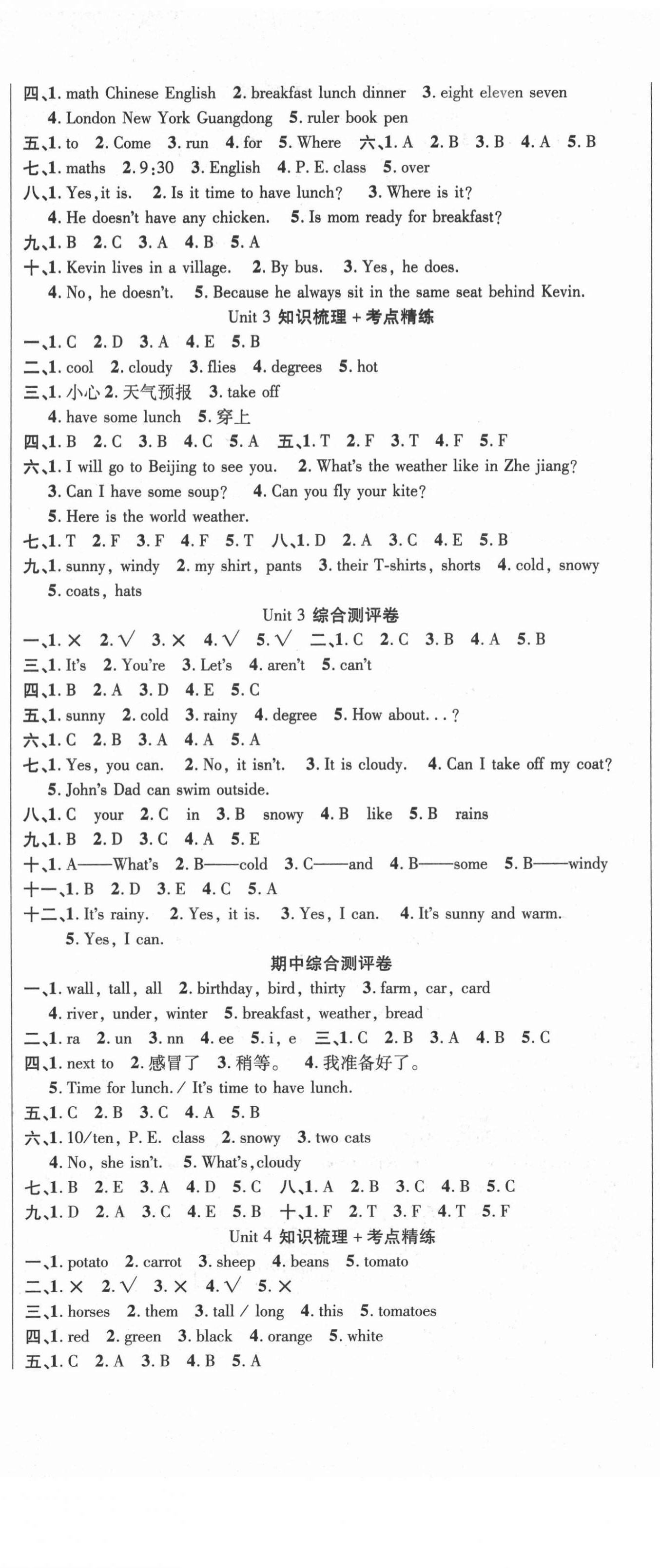 2021年名師考點梳理卷四年級英語下冊人教PEP版 參考答案第2頁