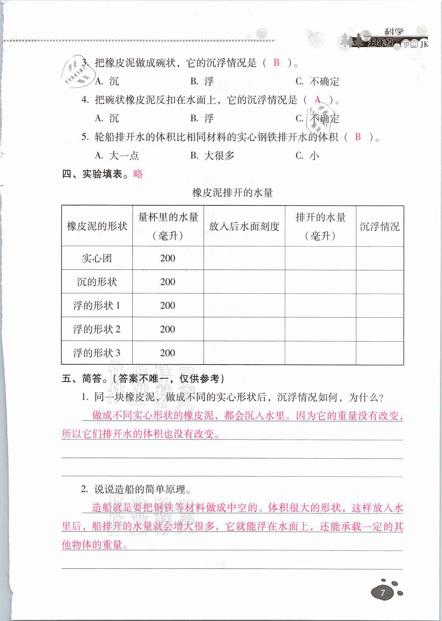 2021年云南省標(biāo)準(zhǔn)教輔同步指導(dǎo)訓(xùn)練與檢測五年級科學(xué)下冊教科版 參考答案第6頁