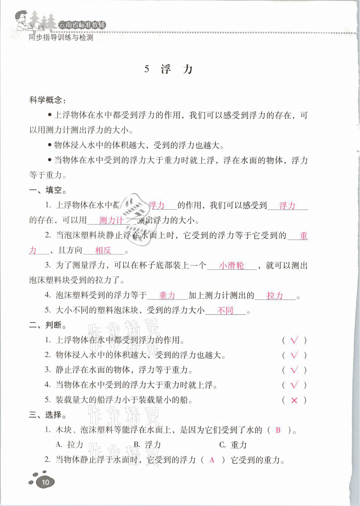 2021年云南省標準教輔同步指導訓練與檢測五年級科學下冊教科版 參考答案第9頁