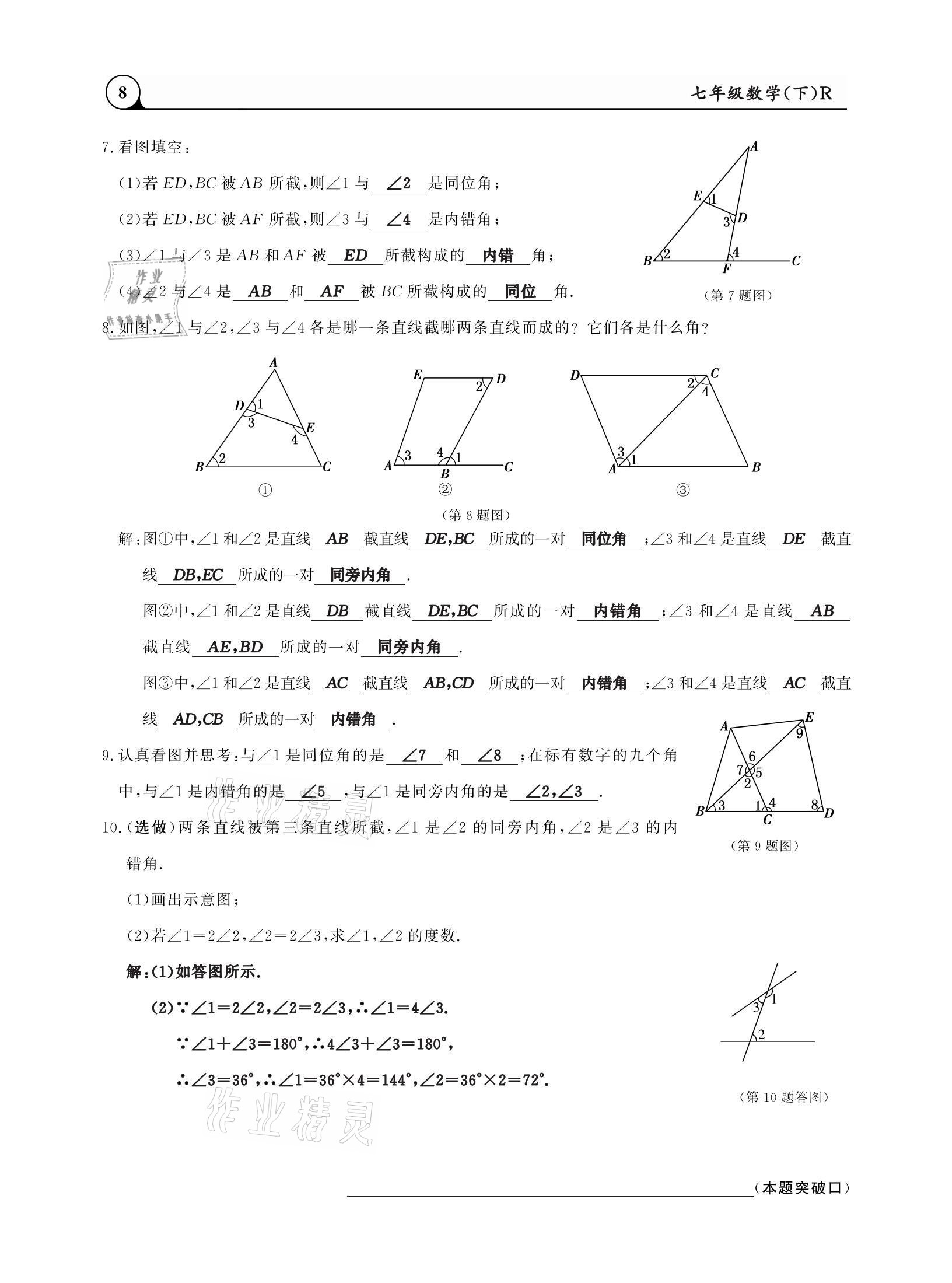 2021年三點(diǎn)一測(cè)課堂作業(yè)本七年級(jí)數(shù)學(xué)下冊(cè)人教版 參考答案第8頁