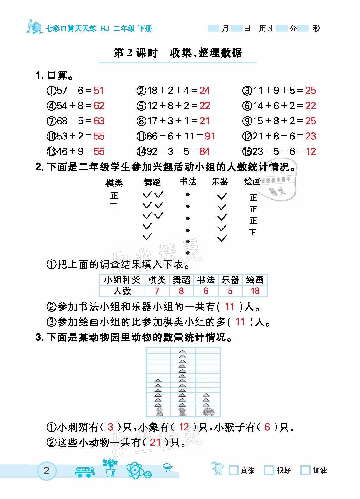 2021年七彩口算天天練二年級下冊人教版 參考答案第2頁