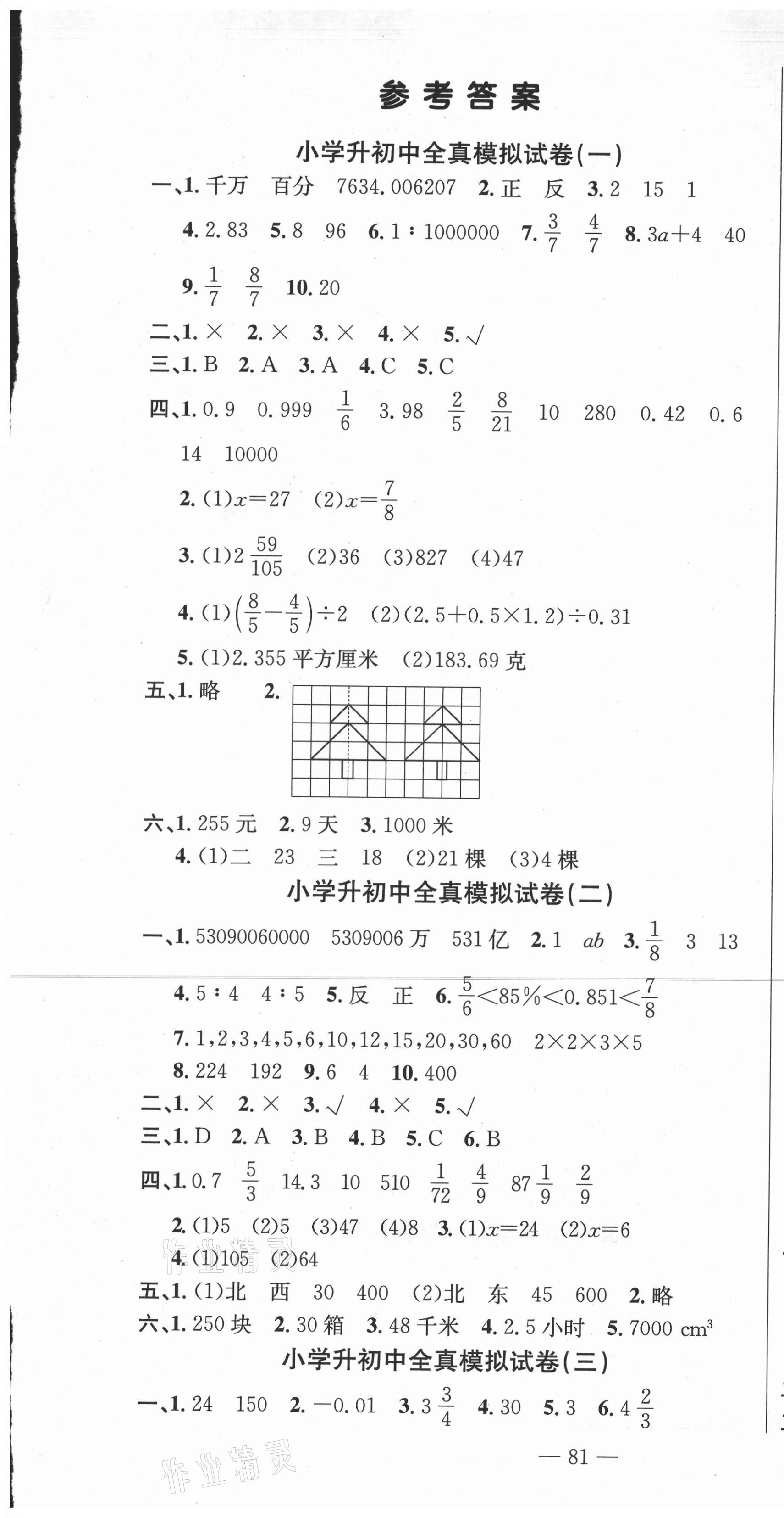 2021年小考必刷卷數(shù)學人教版 參考答案第1頁