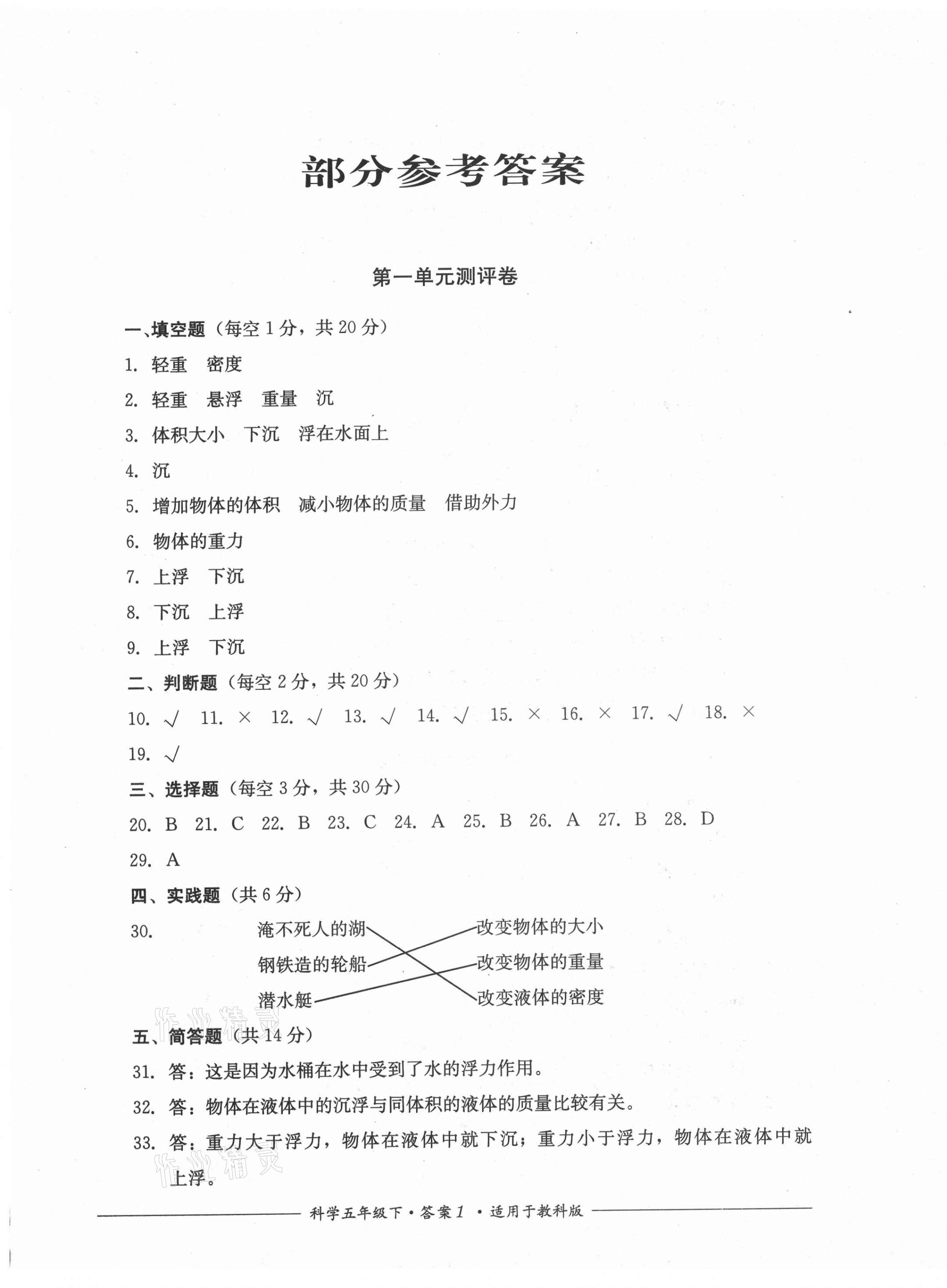 2021年单元测评五年级科学下册教科版四川教育出版社 第1页