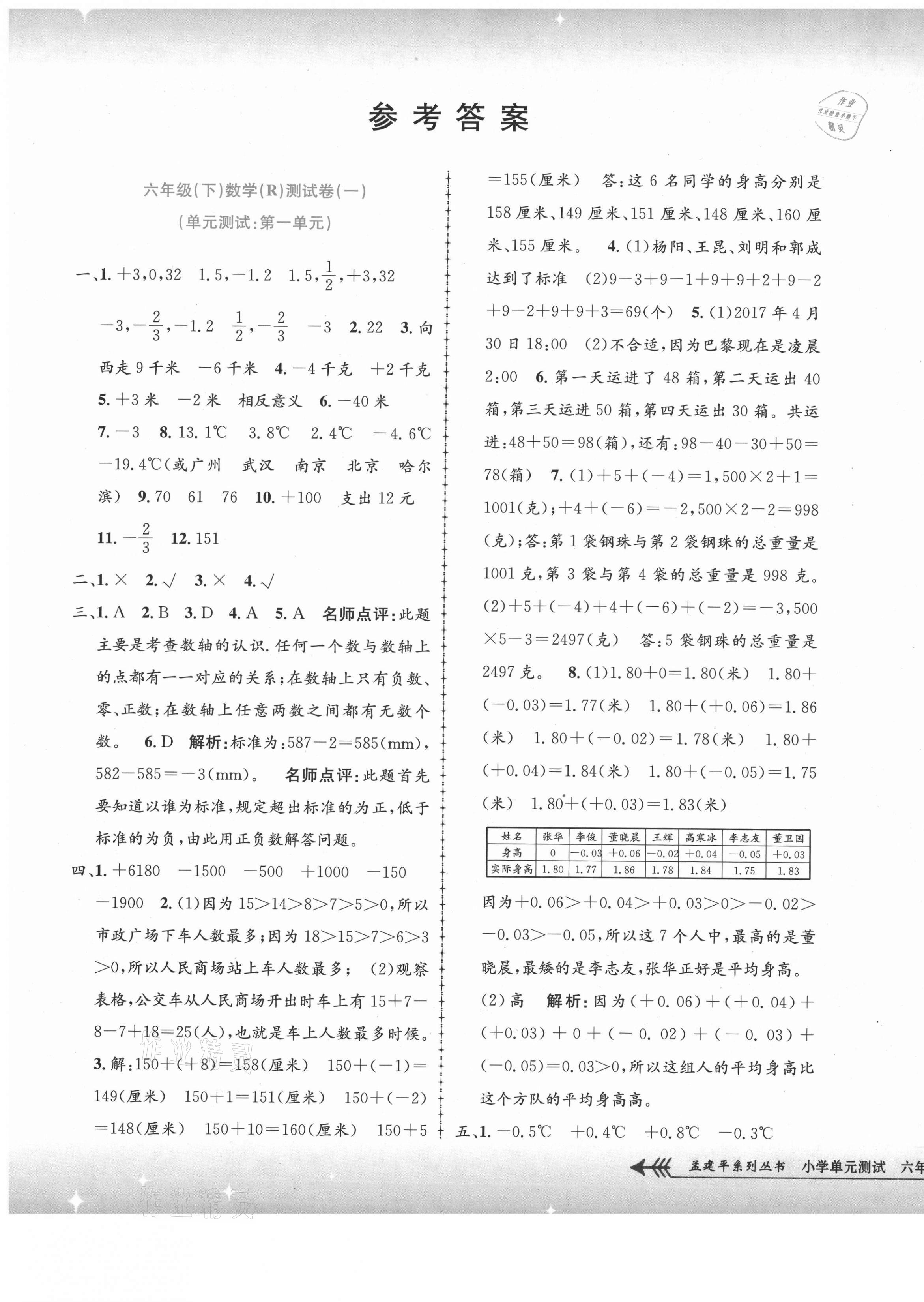 2021年孟建平小学单元测试六年级数学下册人教版 第1页