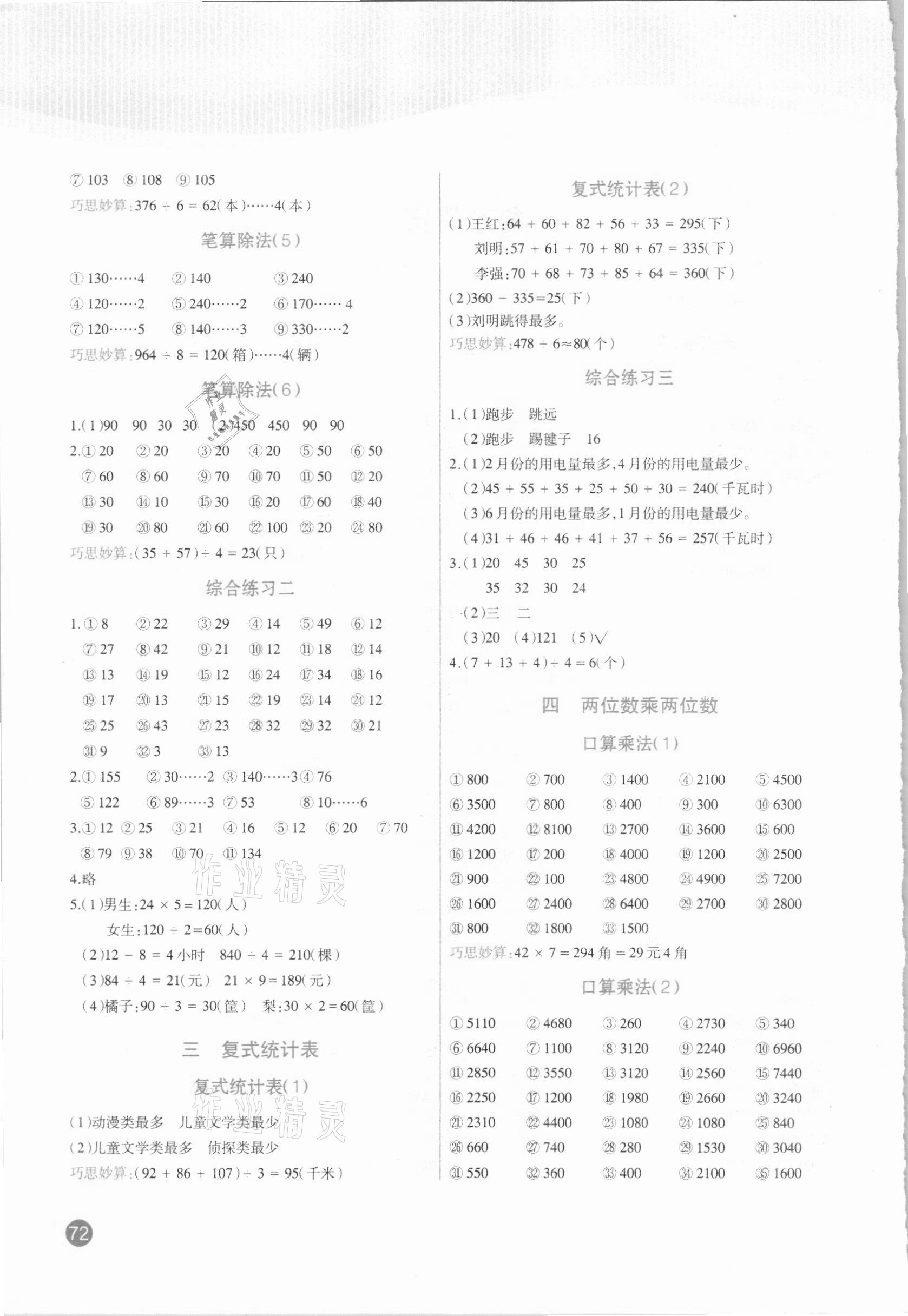 2021年小學(xué)生口算題卡加應(yīng)用題專項(xiàng)三年級下冊人教版陽光出版社 參考答案第2頁