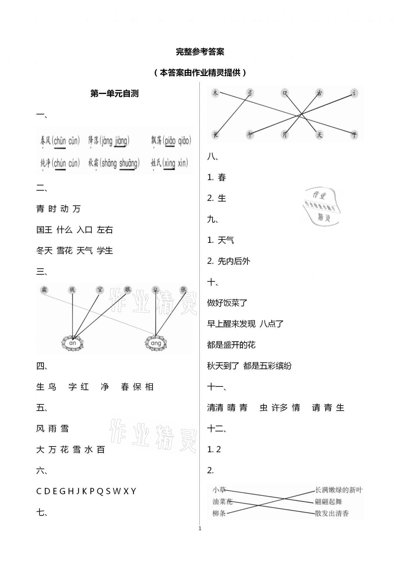 2021年语文单元自测一年级下册人教版 第1页