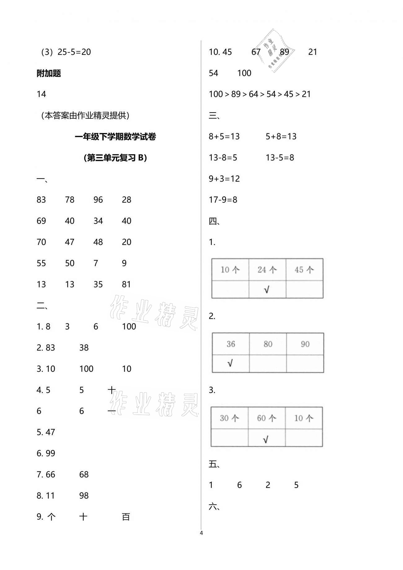 2021年練習(xí)與測(cè)試小學(xué)數(shù)學(xué)一年級(jí)下冊(cè)蘇教版含活頁試卷閱讀 參考答案第4頁