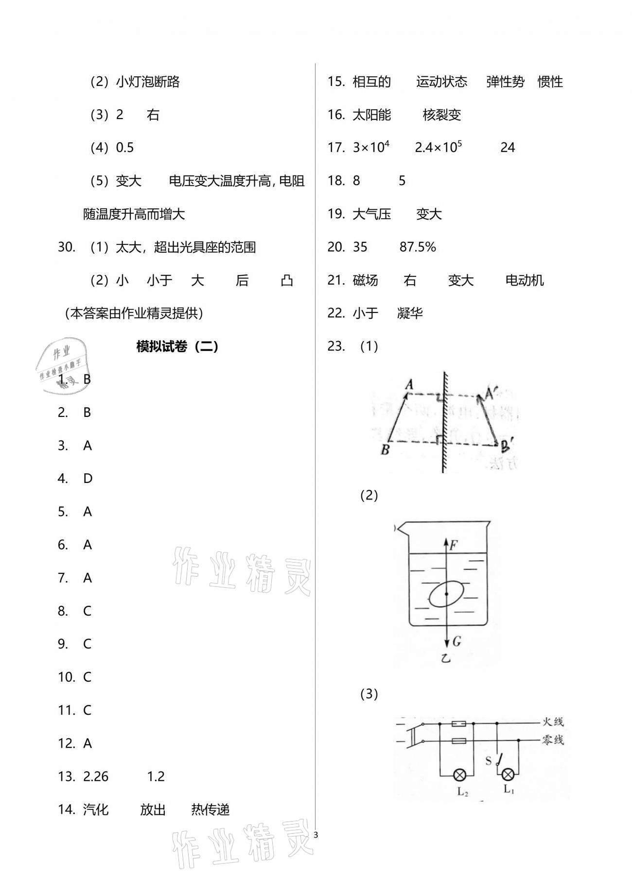 2021年突擊中考中考全真模擬總復(fù)習(xí)物理蘇州專版 參考答案第3頁