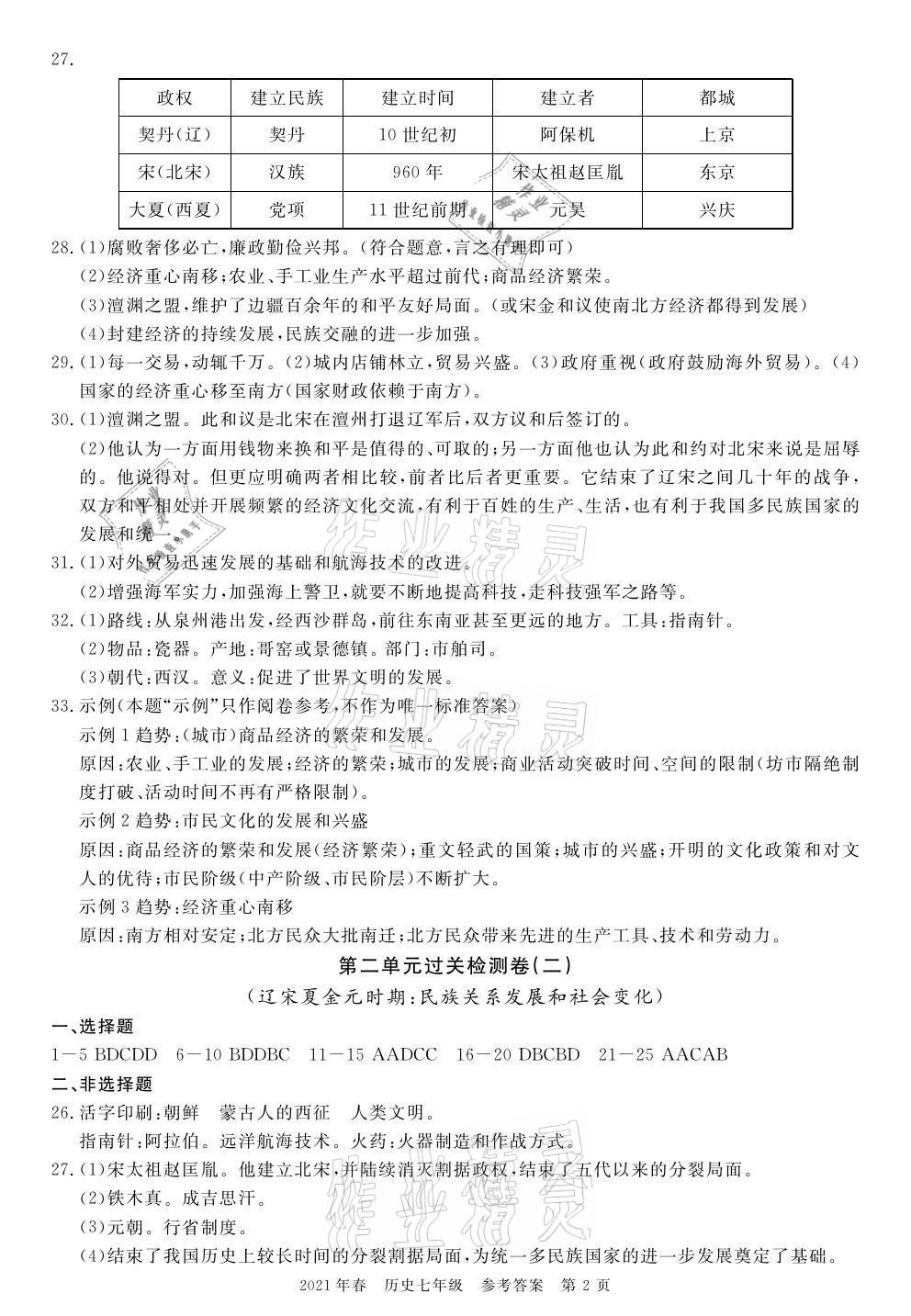 2021年100分單元過關(guān)檢測荊州測試卷七年級歷史下冊人教版 參考答案第2頁