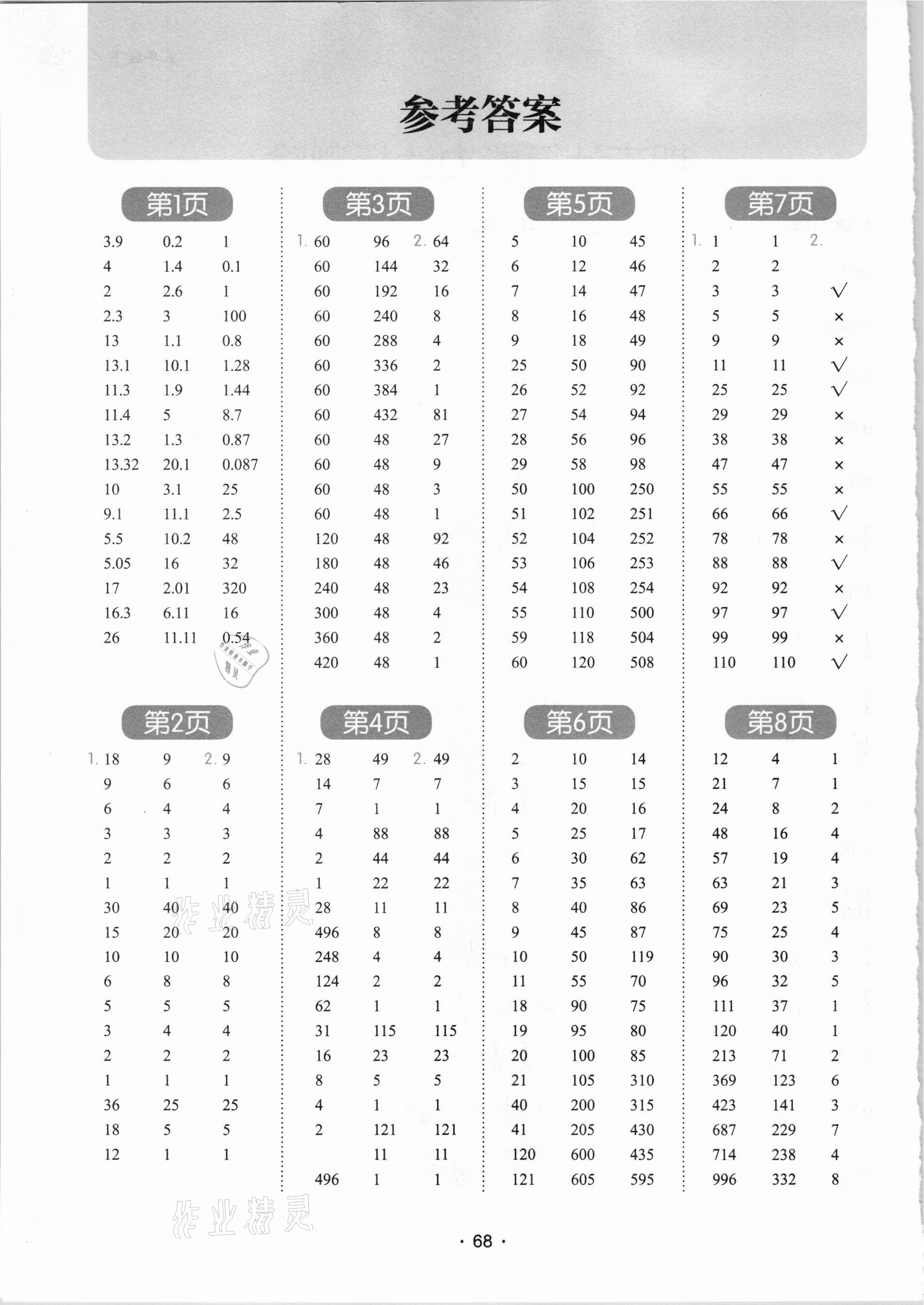 2021年學(xué)霸課堂小學(xué)數(shù)學(xué)口算題卡五年級(jí)下冊(cè)人教版 參考答案第1頁