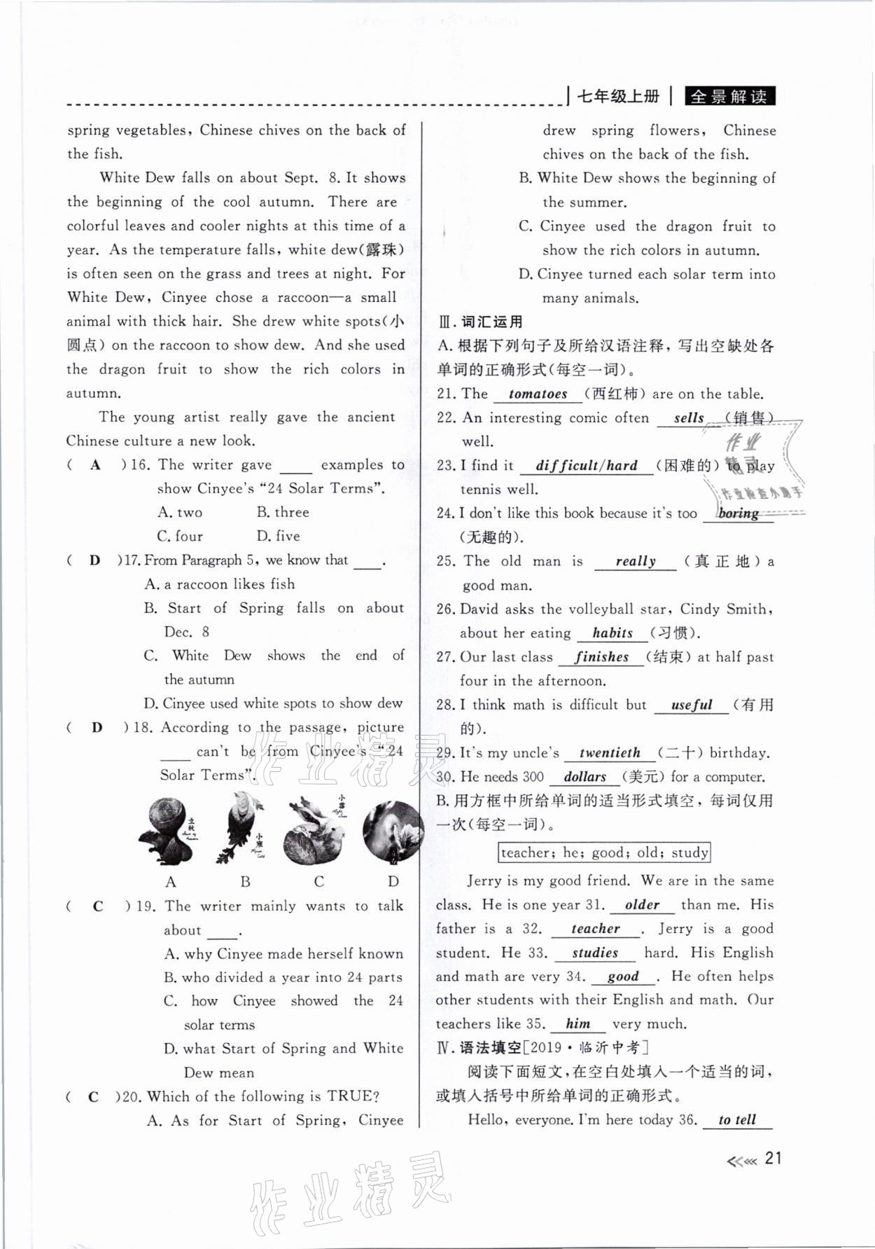2021年中考复习全景解读英语人教版&nbsp;参考答案第21页