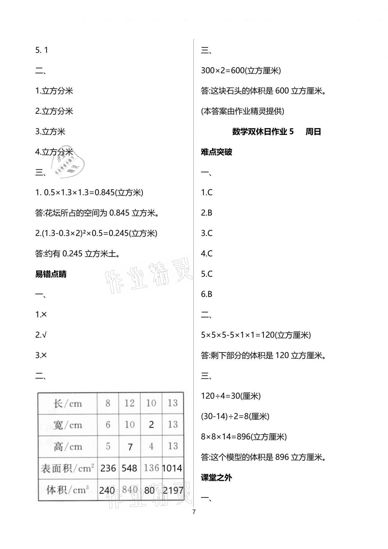 2021年天天向上雙休日作業(yè)五年級數(shù)學(xué)下冊人教版 參考答案第7頁