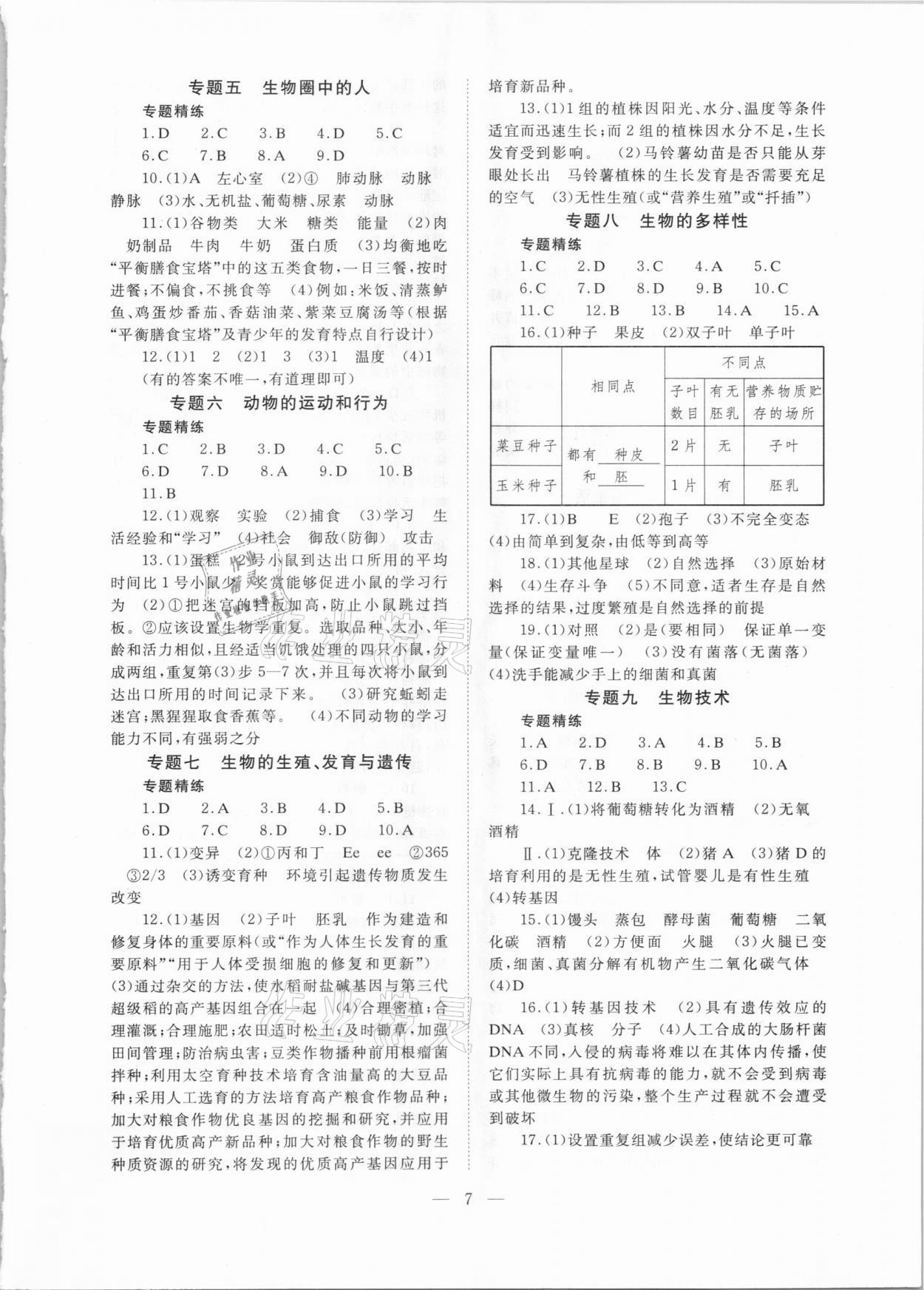 2021年聚焦山西中考一核六維四手段生物 參考答案第7頁