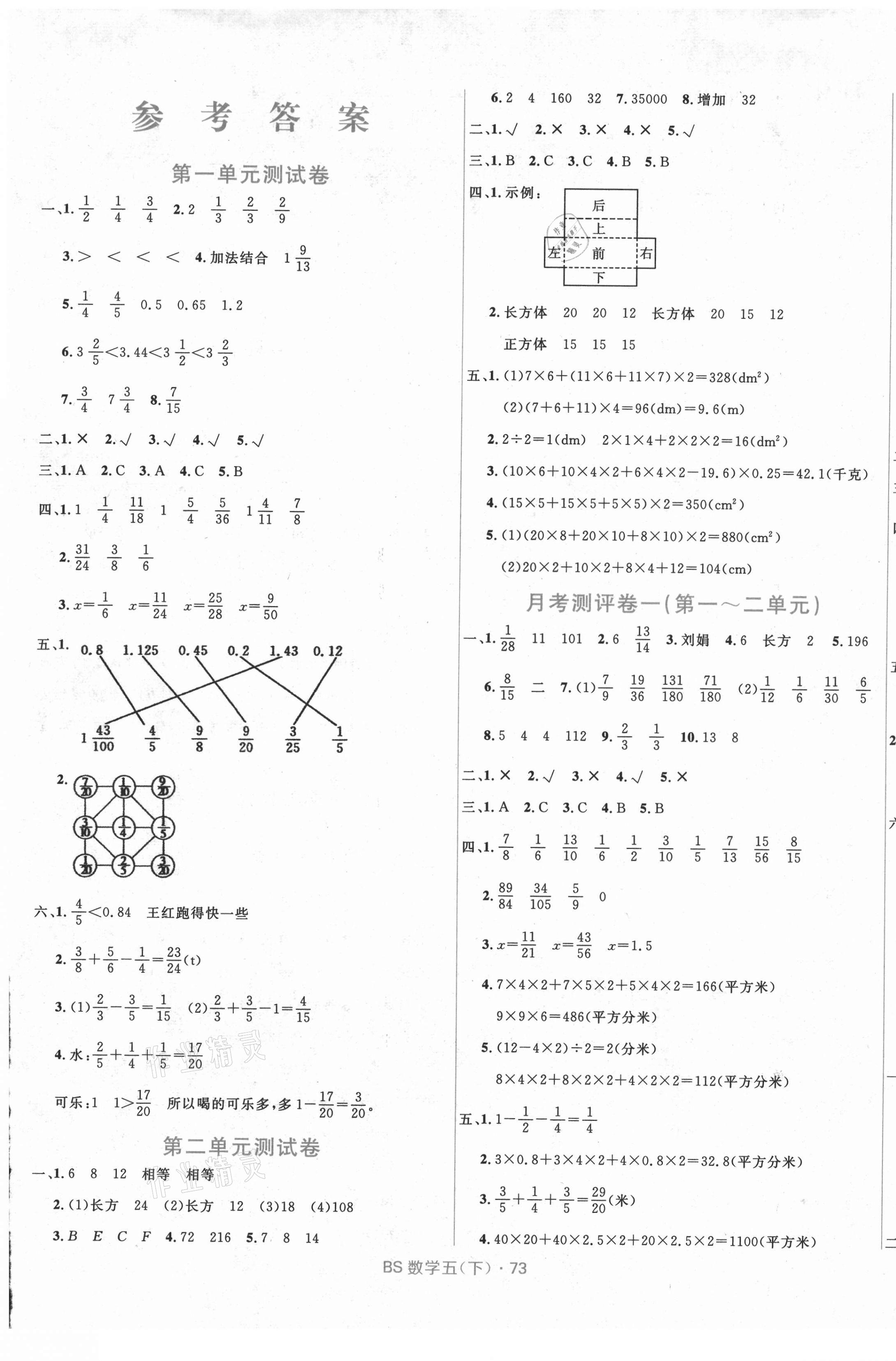 2021年赢在起跑线天天100分小学优化测试卷五年级数学下册北师大版 参考答案第1页