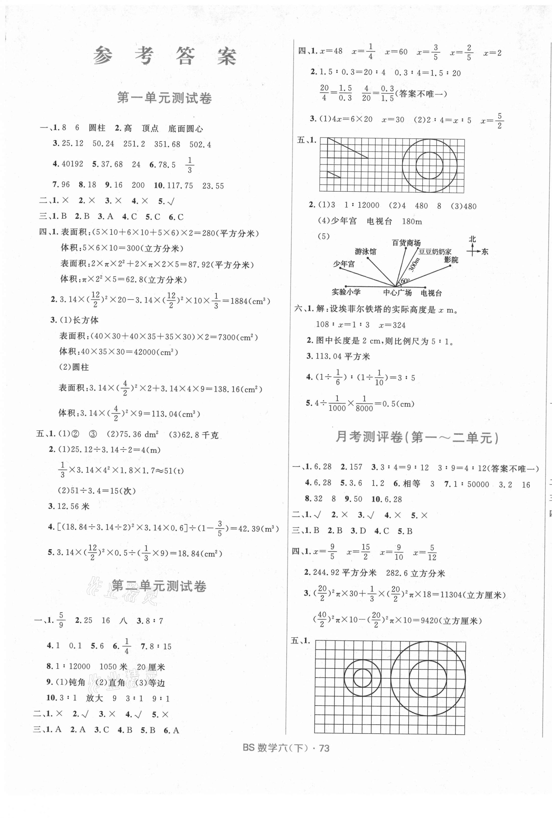 2021年贏在起跑線天天100分小學(xué)優(yōu)化測試卷六年級數(shù)學(xué)下冊北師大版 參考答案第1頁