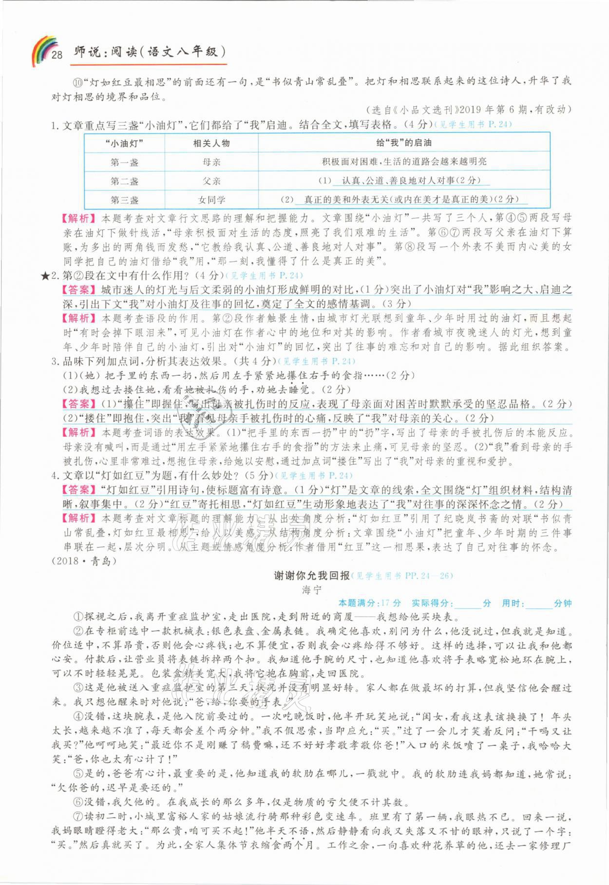 2021年师说阅读八年级语文人教版&nbsp;参考答案第28页