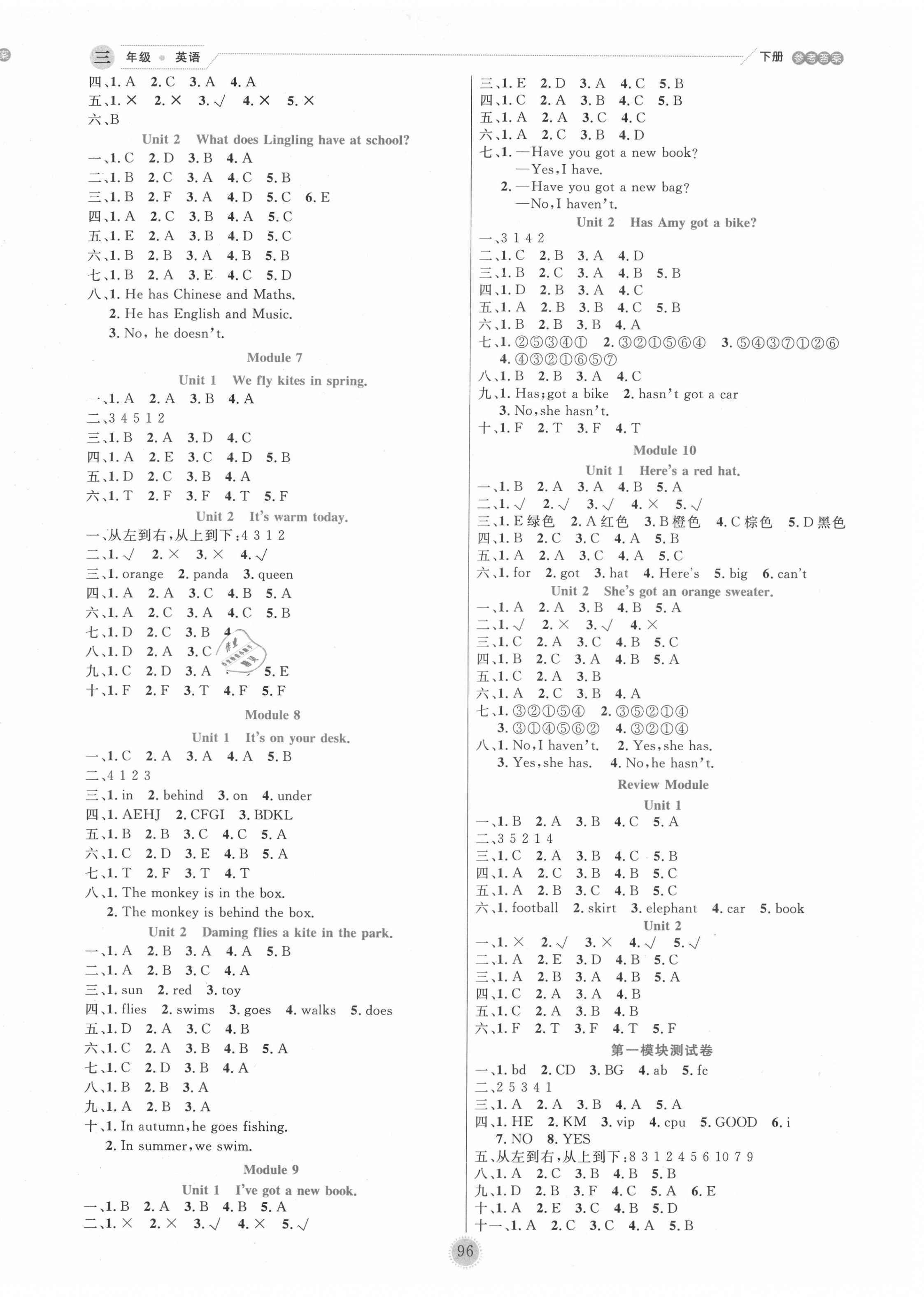 2021年優(yōu)秀生作業(yè)本三年級英語下冊外研版 參考答案第2頁