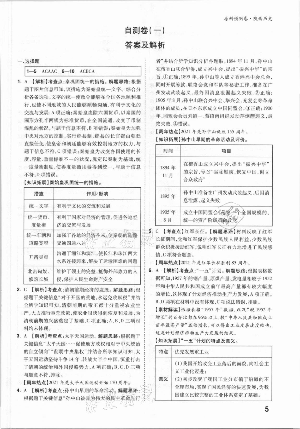 2021年萬唯中考原創(chuàng)預測卷歷史陜西專版 參考答案第5頁