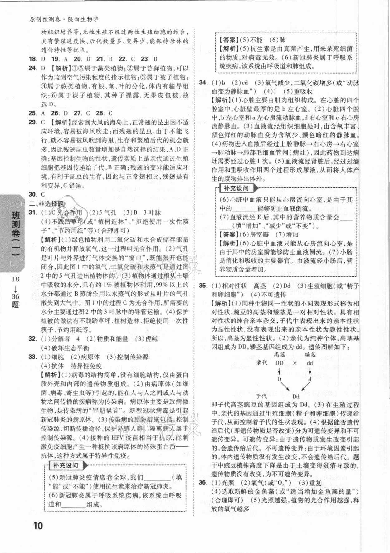 2021年万唯中考原创预测卷生物陕西专版 参考答案第2页
