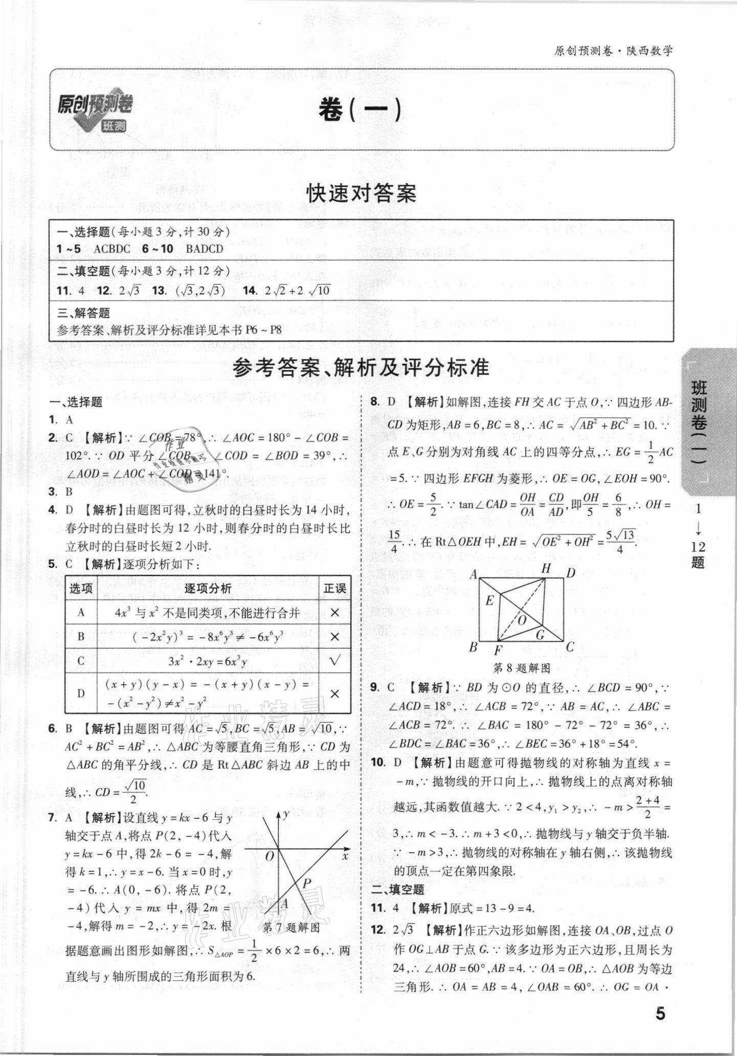 2021年萬唯中考原創(chuàng)預(yù)測卷數(shù)學(xué)陜西專版 參考答案第1頁