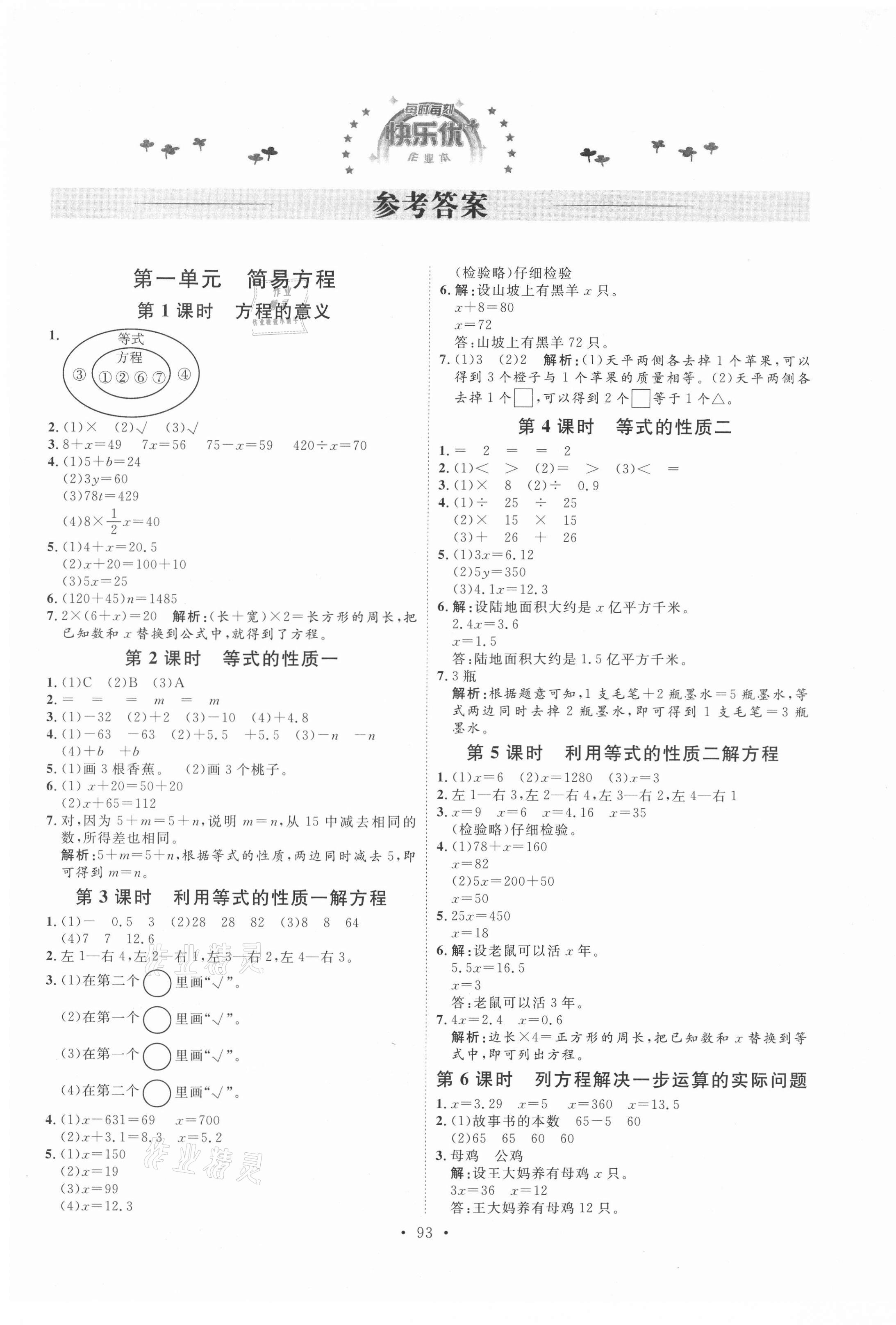 2021年每時每刻快樂優(yōu)加作業(yè)本五年級數(shù)學(xué)下冊蘇教版 參考答案第1頁