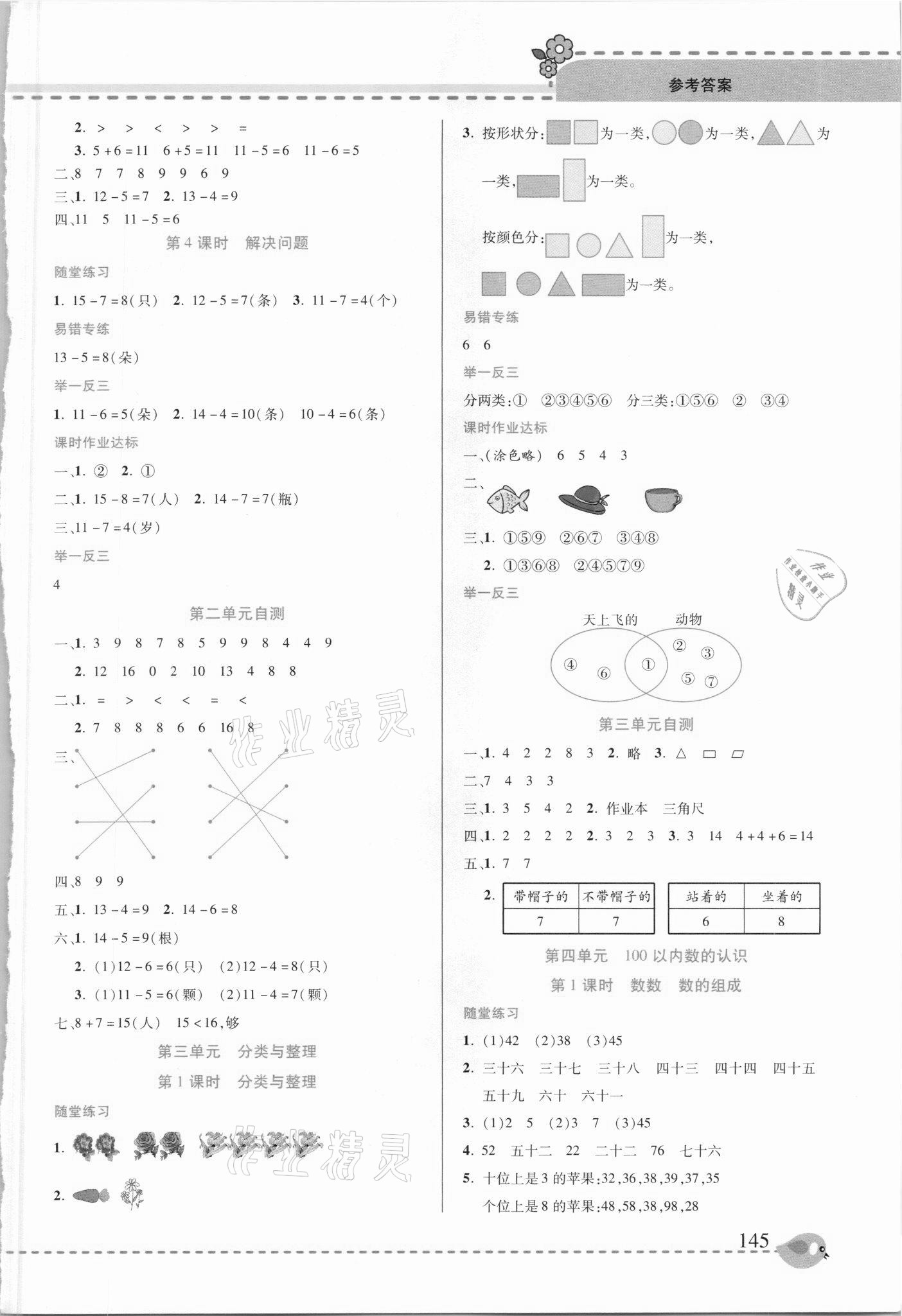 2021年幫你學(xué)一年級數(shù)學(xué)下冊人教版 參考答案第2頁