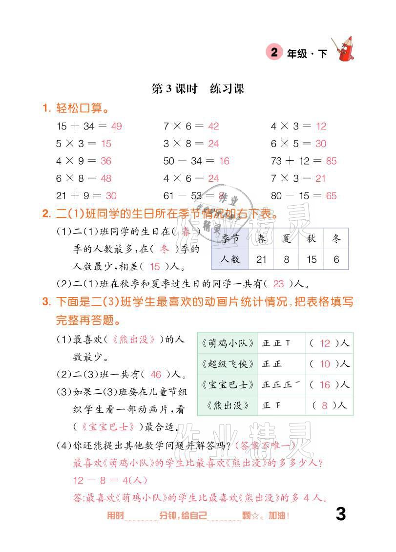 2021年口算題卡二年級下冊人教版新疆文化出版社 參考答案第3頁