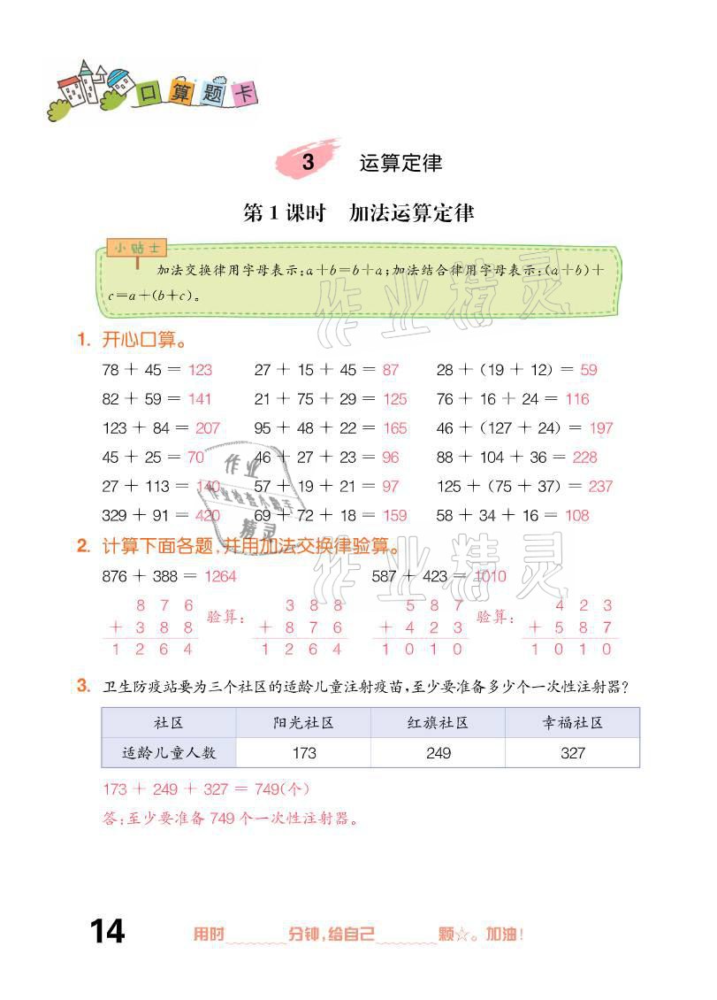 2021年口算題卡四年級下冊人教版新疆文化出版社 參考答案第14頁