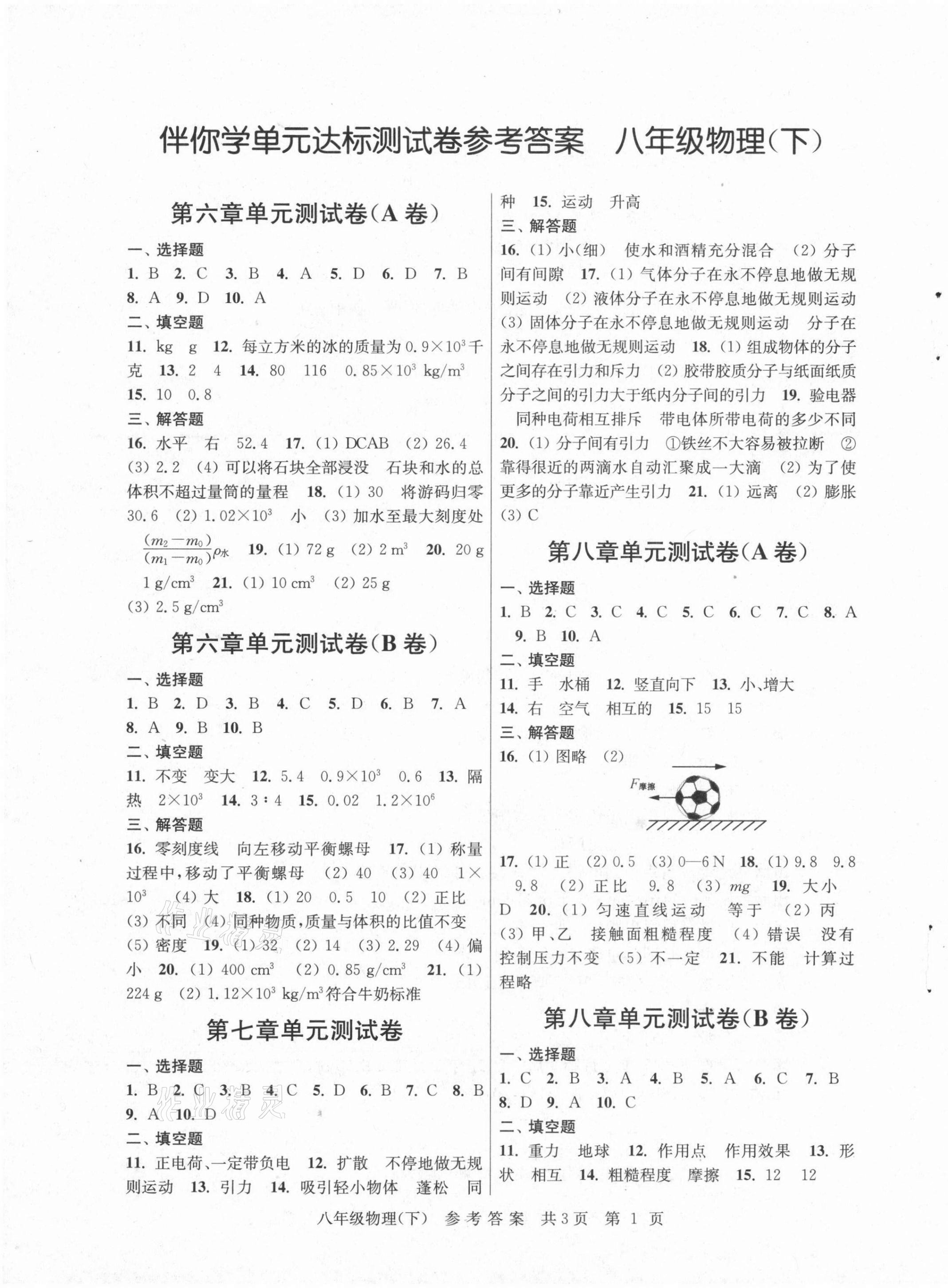 2021年伴你學(xué)單元達(dá)標(biāo)檢測卷八年級物理下冊蘇科版 參考答案第1頁