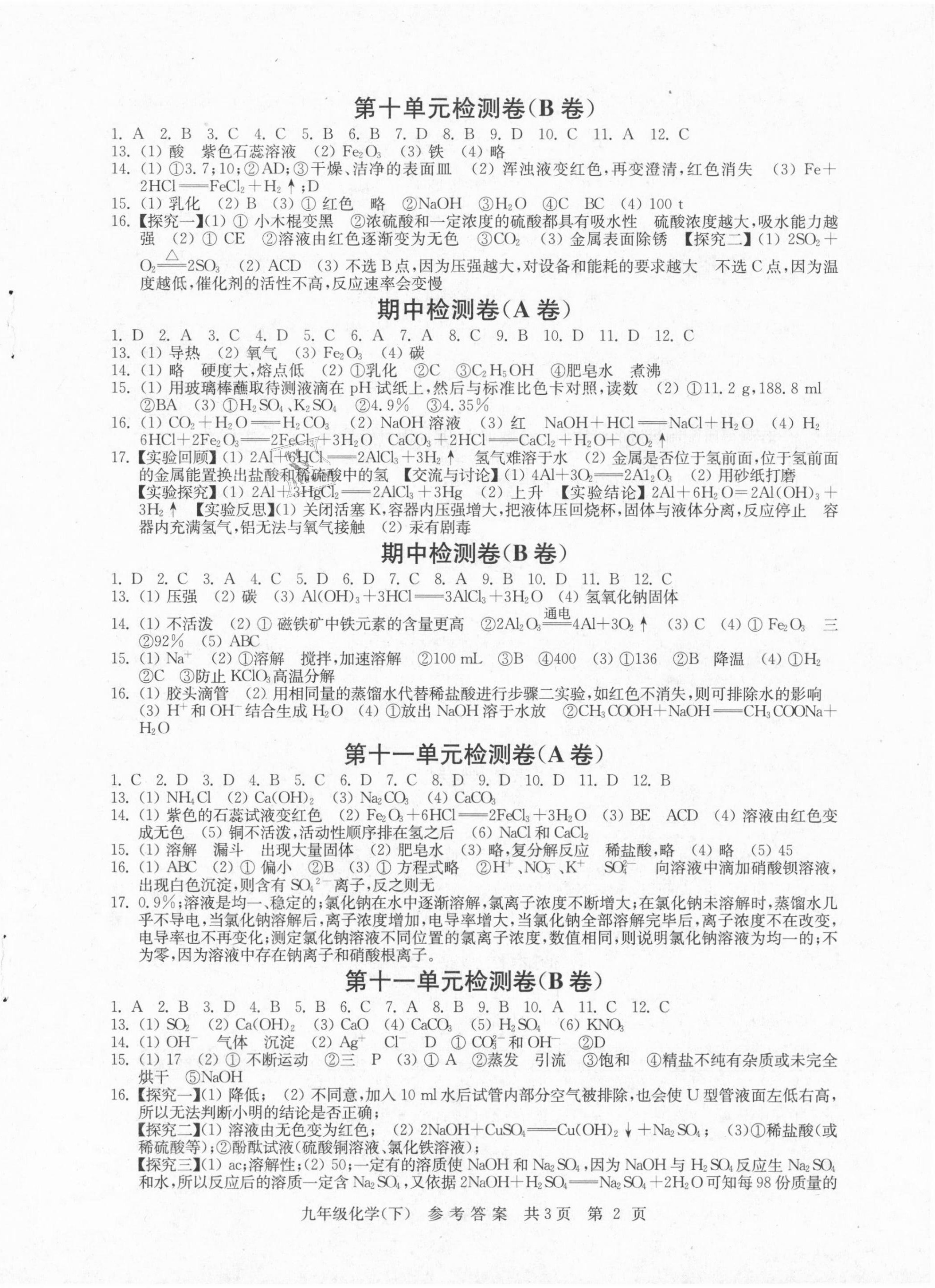 2021年伴你学单元达标检测卷九年级化学下册人教版 参考答案第2页