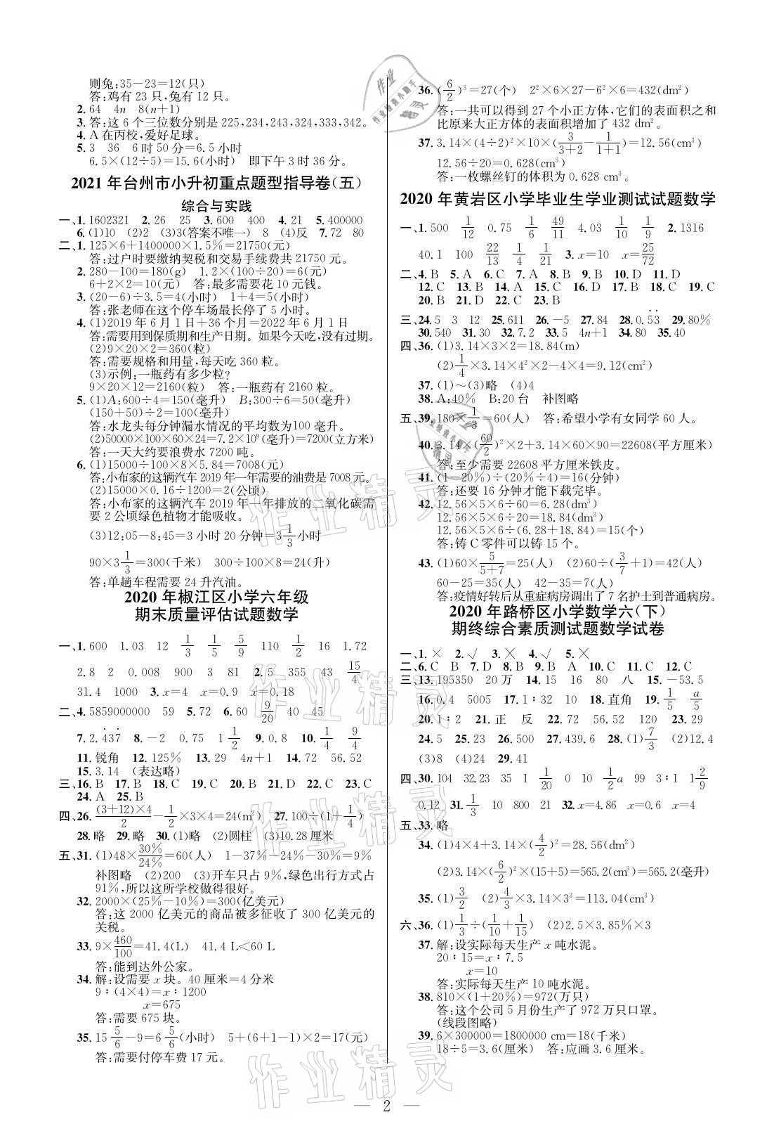 2021年小學畢業(yè)特訓卷六年級數(shù)學人教版臺州專版 參考答案第2頁