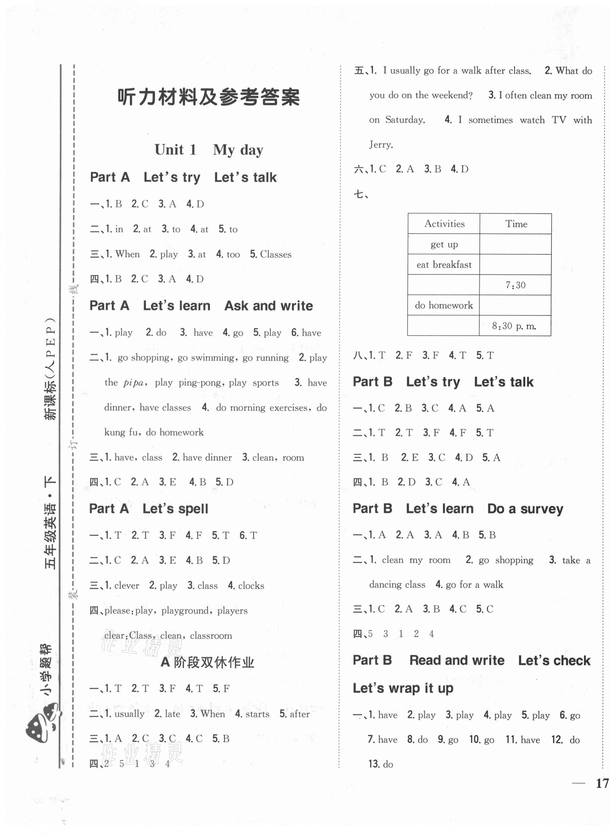 2021年小學題幫五年級英語下冊人教PEP版 參考答案第1頁