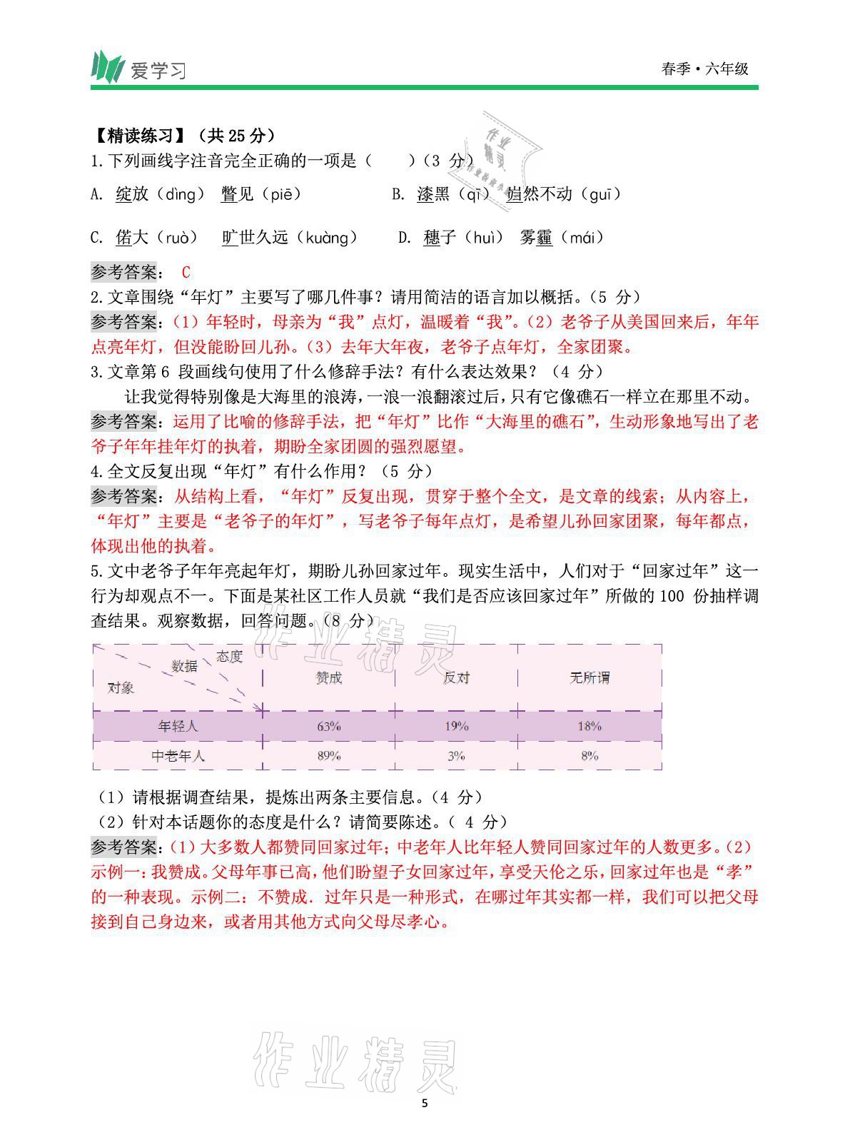 2021年愛學(xué)習(xí)語文六年級下冊人教版讀寫首都師范大學(xué)出版社 參考答案第5頁