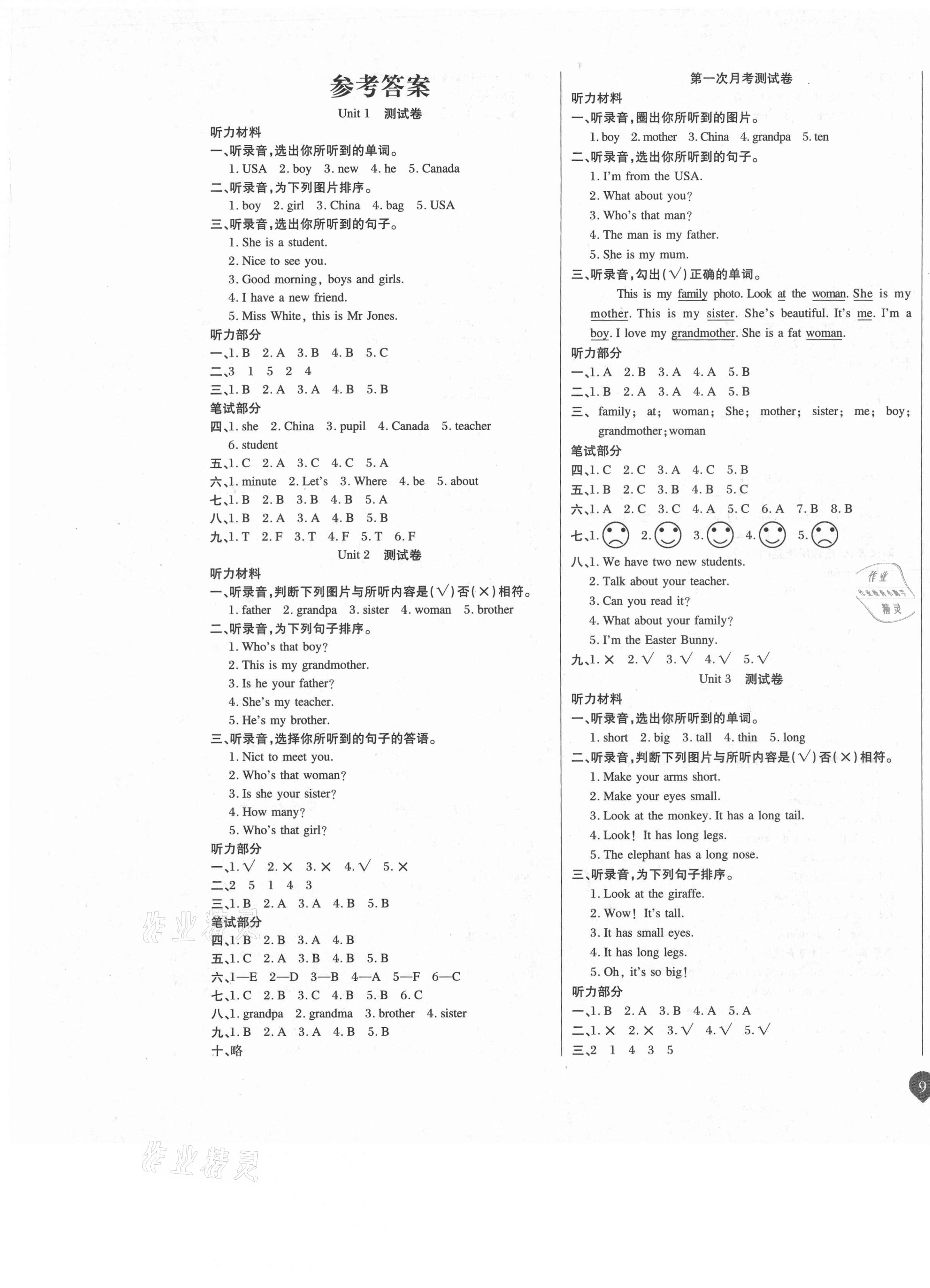 2021年名師彩卷三年級英語下冊人教PEP版 參考答案第1頁