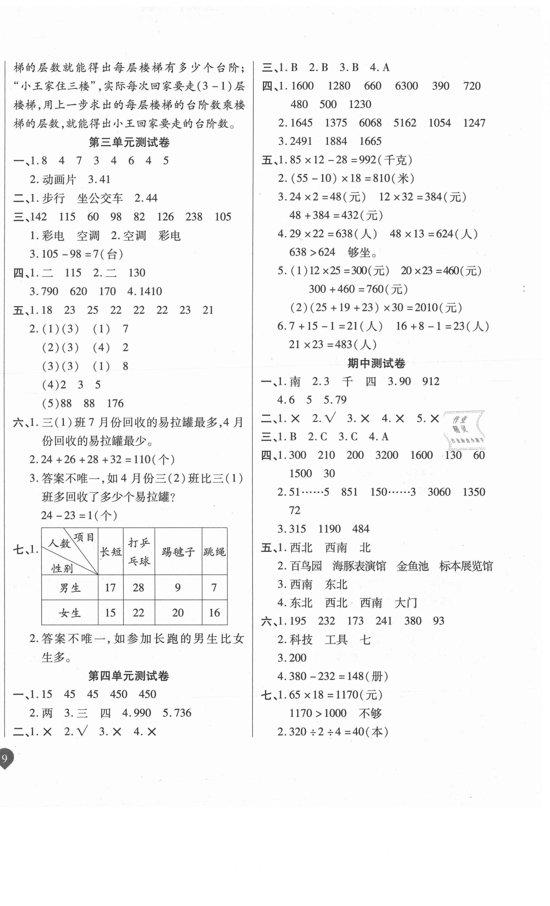 2021年名师彩卷三年级数学下册人教版 参考答案第2页