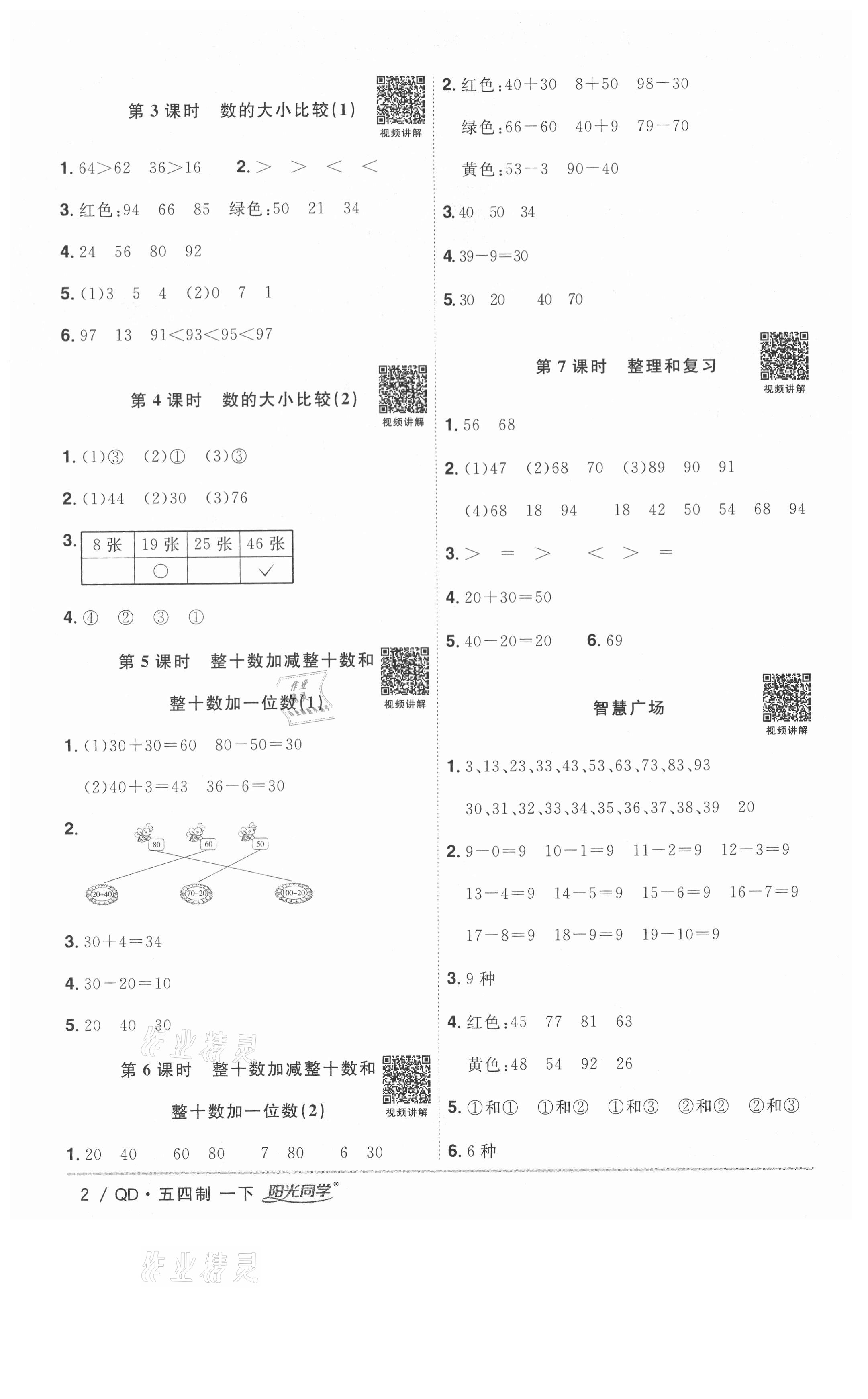 2021年陽光同學課時優(yōu)化作業(yè)一年級數(shù)學下冊青島版五四制 參考答案第2頁