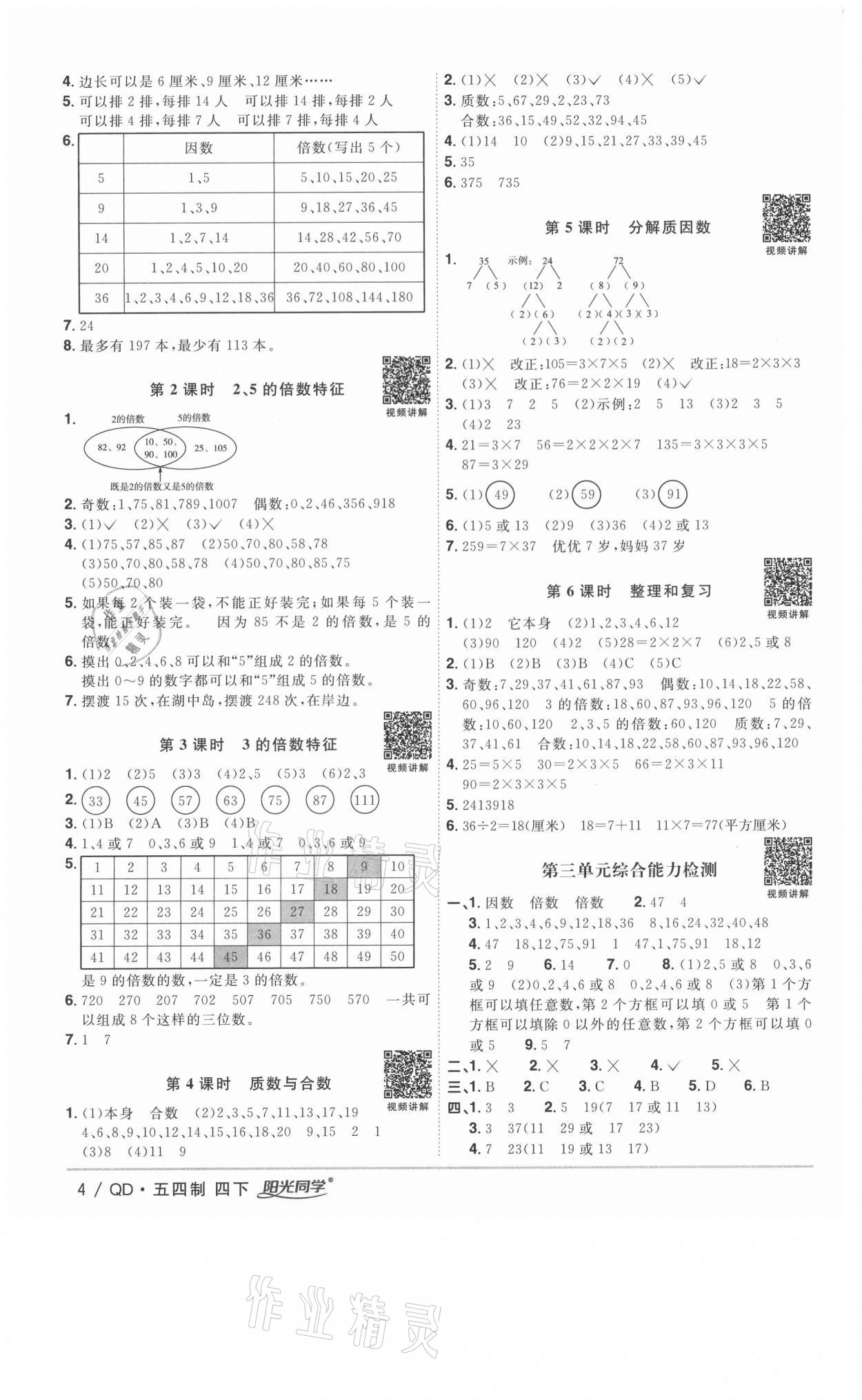 2021年阳光同学课时优化作业四年级数学下册青岛版五四制 参考答案第4页