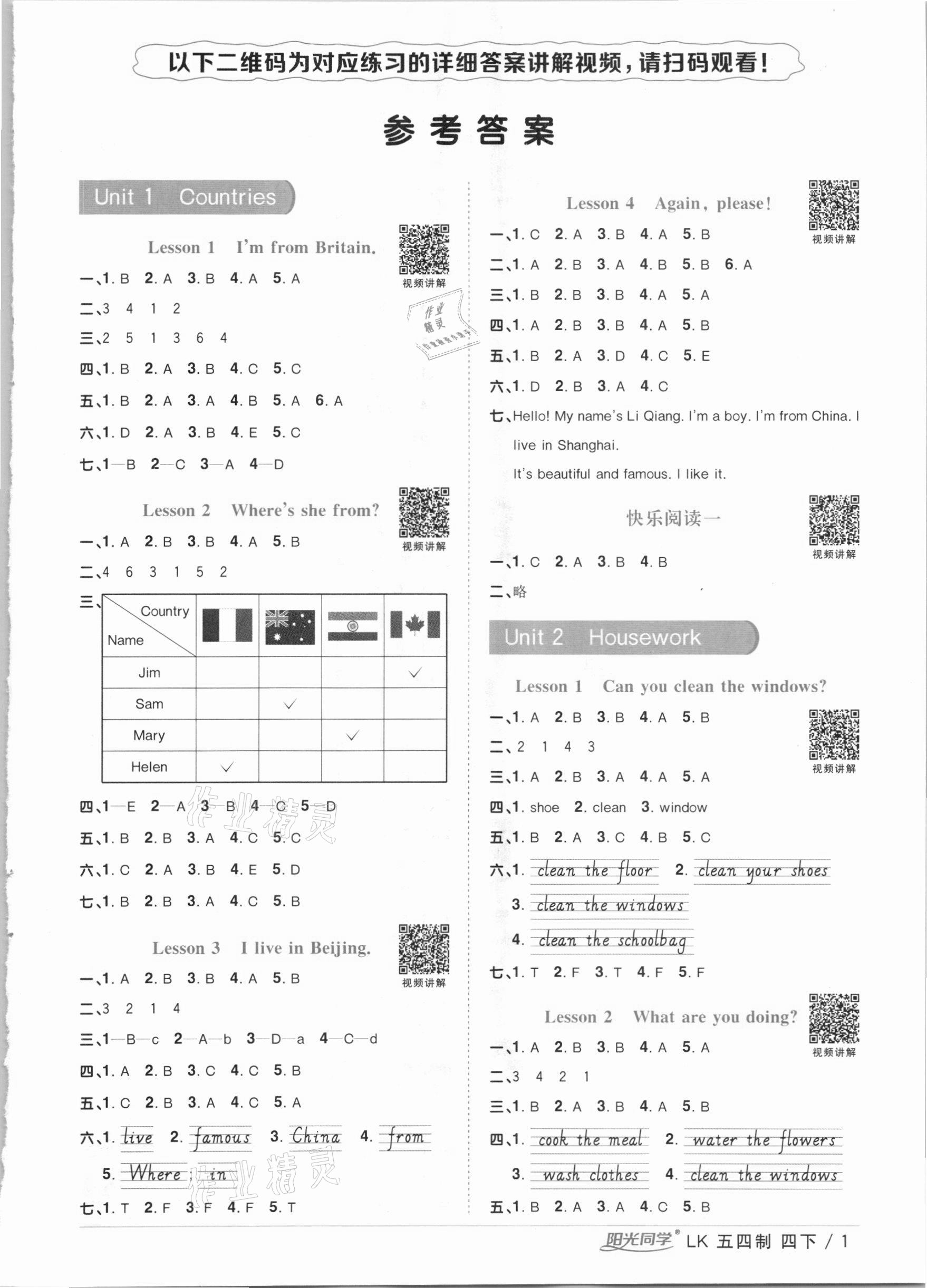 2021年陽光同學(xué)課時(shí)優(yōu)化作業(yè)四年級(jí)英語下冊(cè)魯科版54制 參考答案第1頁