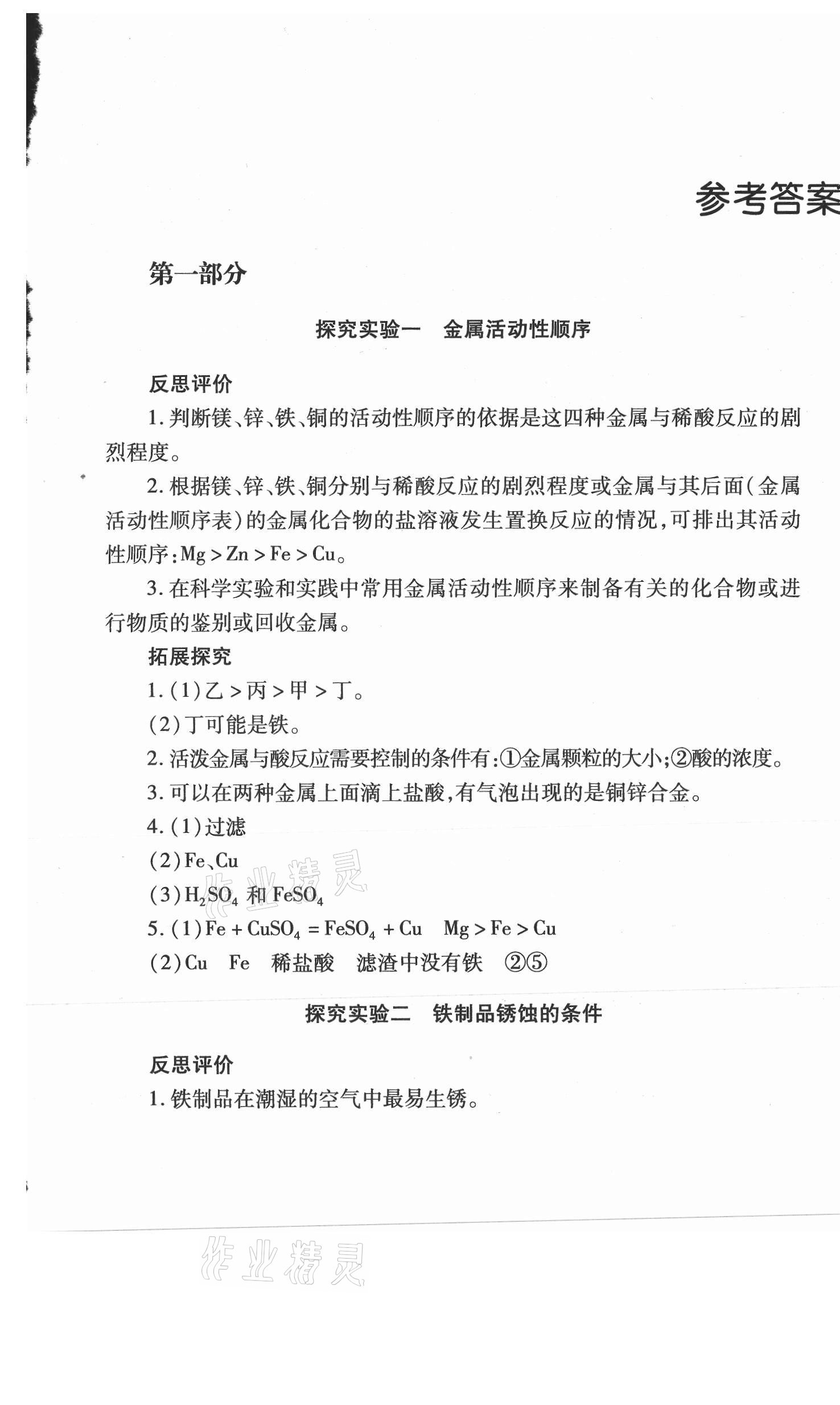 2021年新课程实验报告九年级化学下册人教版 参考答案第1页