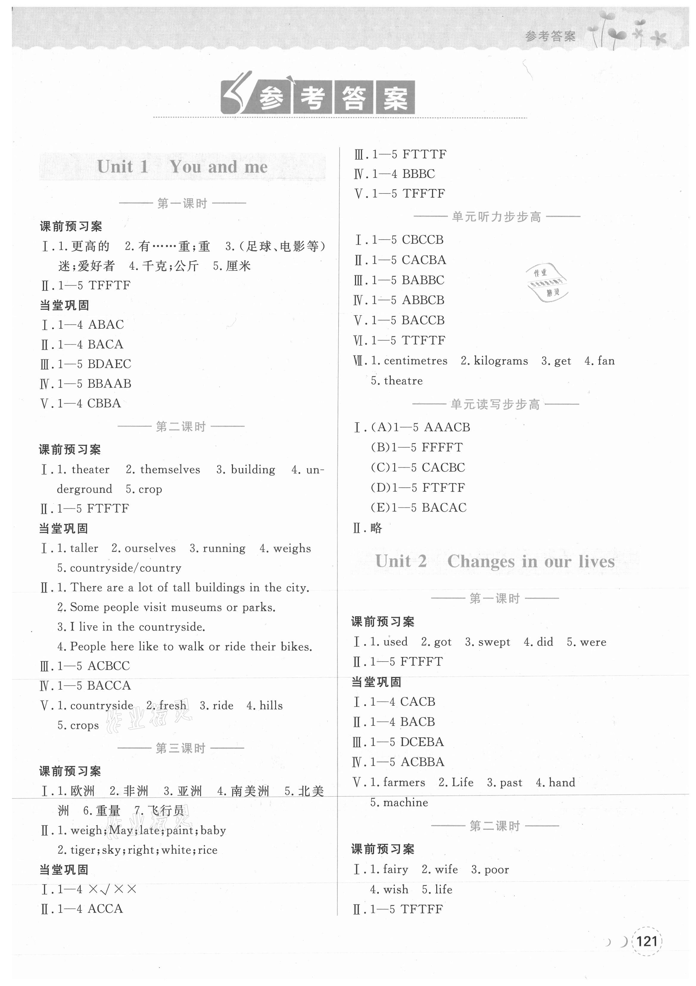 2021年?duì)钤蝗掏黄茖?dǎo)練測六年級英語下冊滬教版深圳A卷 參考答案第1頁