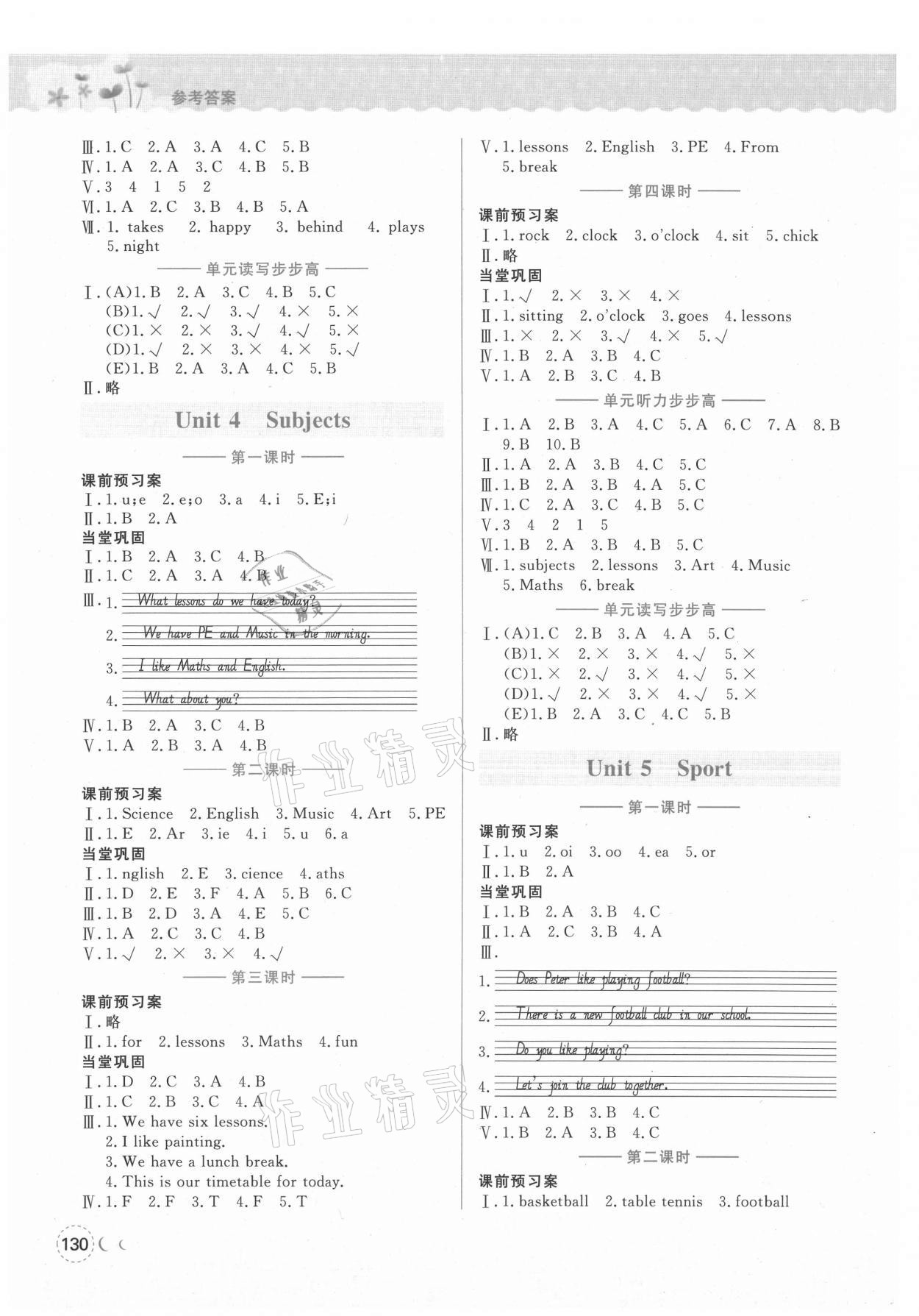 2021年狀元坊全程突破導練測四年級英語下冊滬教版深圳A卷 參考答案第5頁