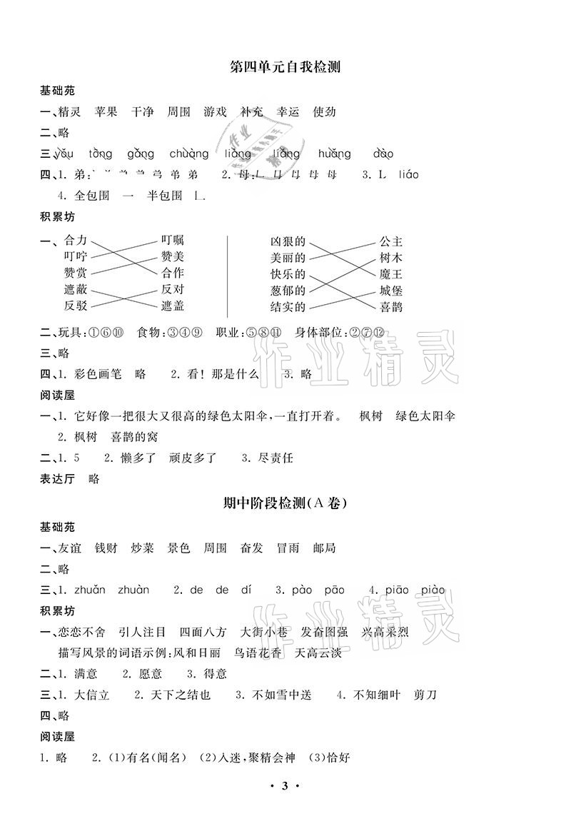 2021年同步練習(xí)冊配套單元自測卷二年級(jí)語文下冊人教版 參考答案第3頁