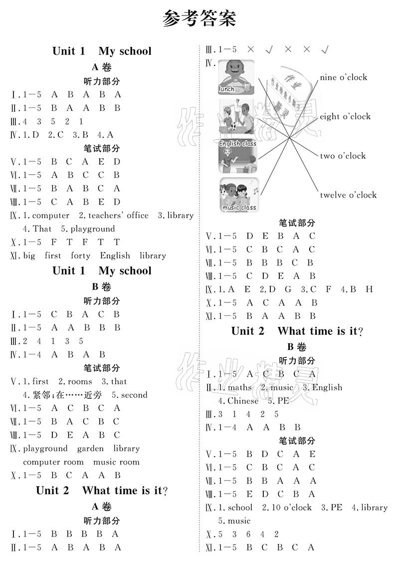 2021年同步練習(xí)冊配套單元自測卷四年級英語下冊人教版 參考答案第1頁