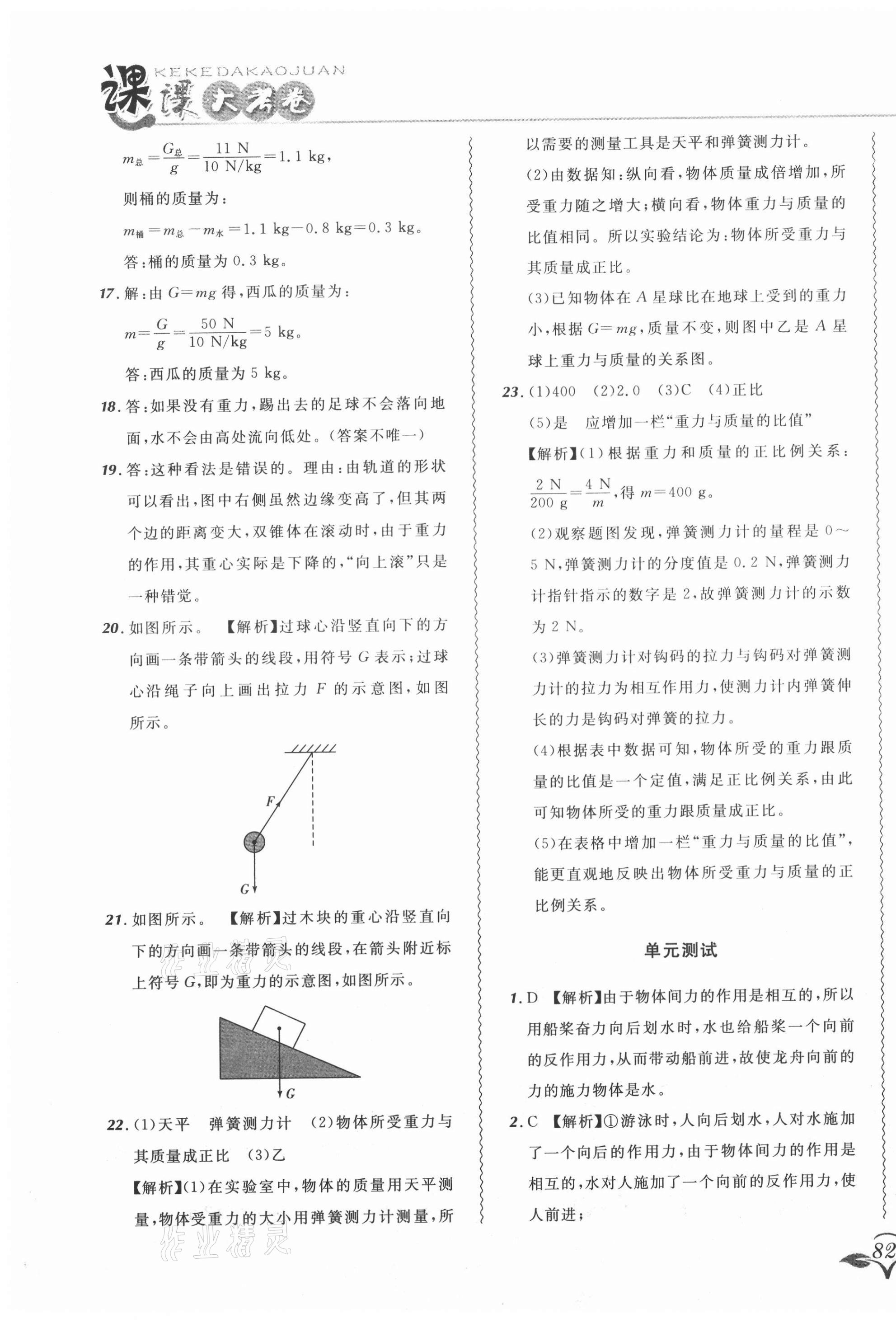 2021年北大绿卡课课大考卷八年级物理下册人教版 参考答案第7页