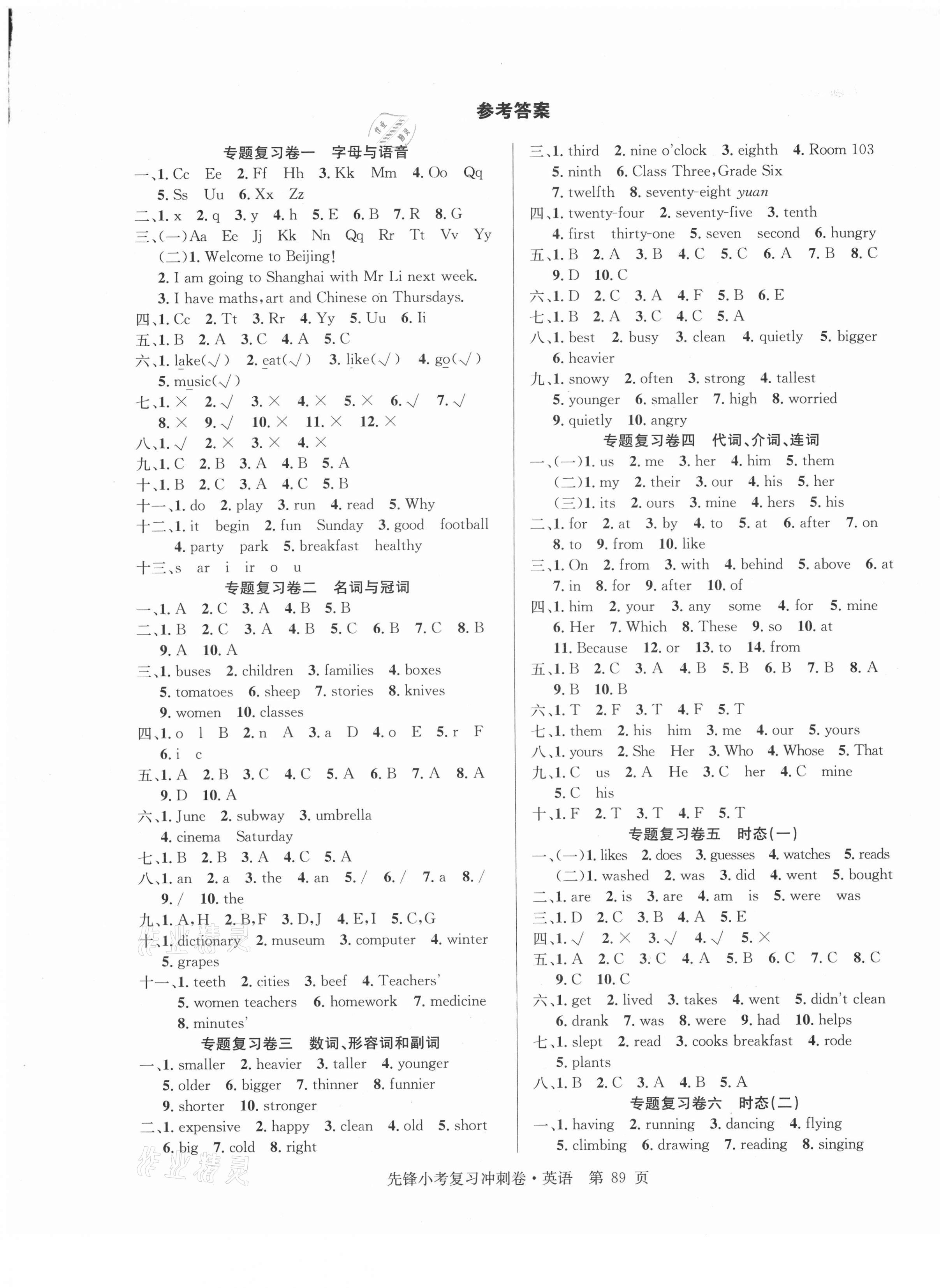 2021年先鋒小考復(fù)習(xí)沖刺卷英語 參考答案第1頁